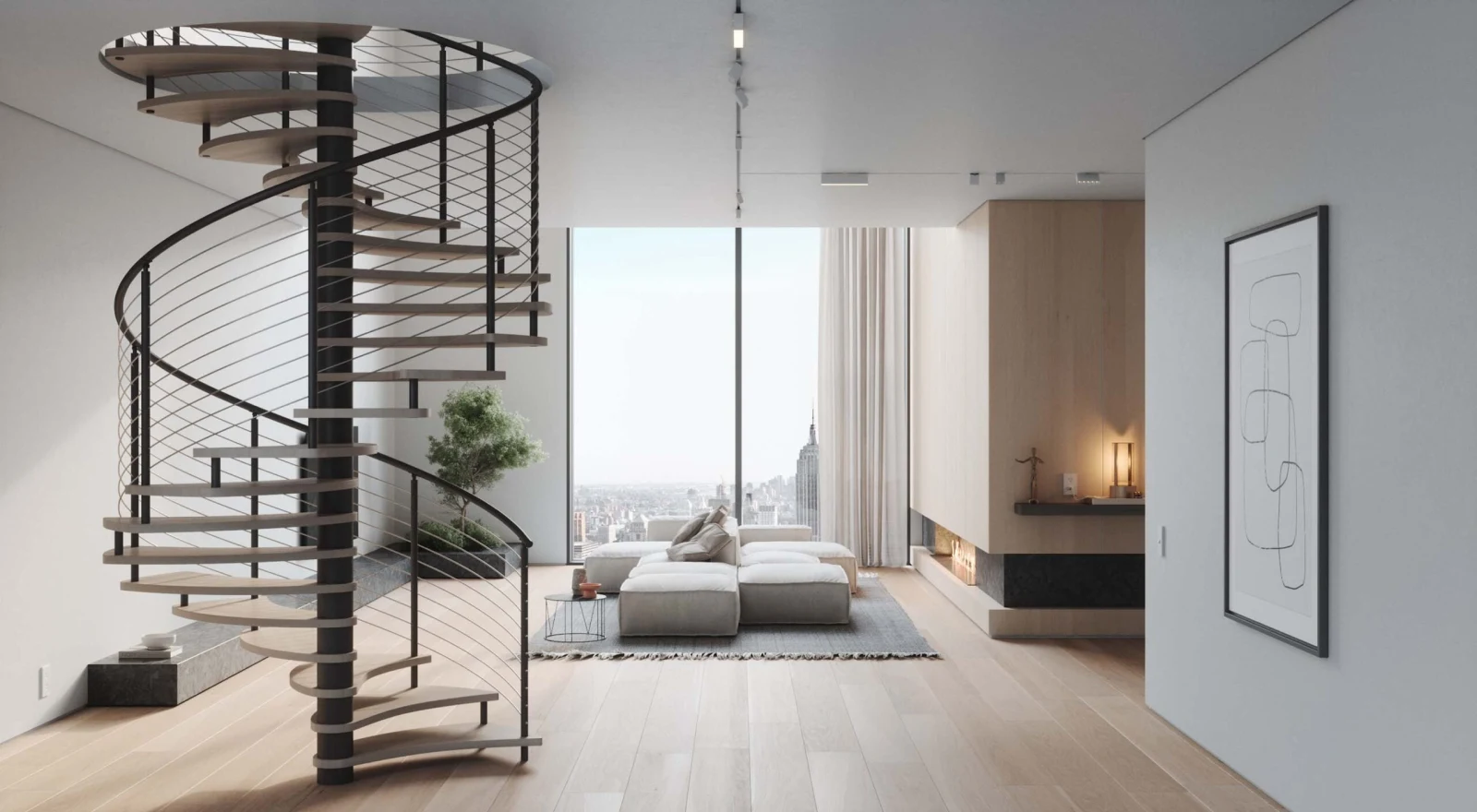 Spiral stair in a bright room with a city view beyond the windows