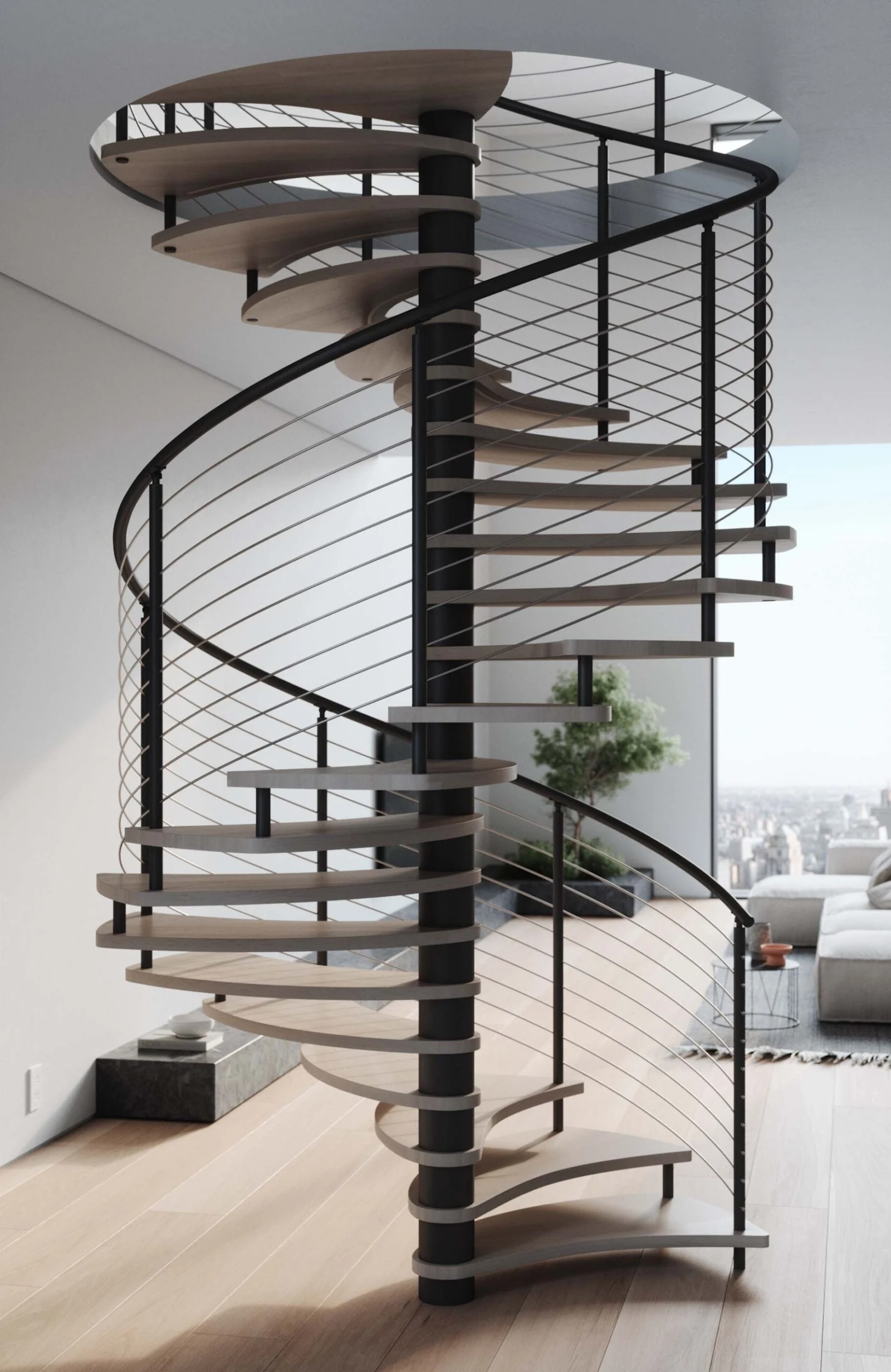 Spiral stair around a dark center column with wood treads and curved horizontal cable railing