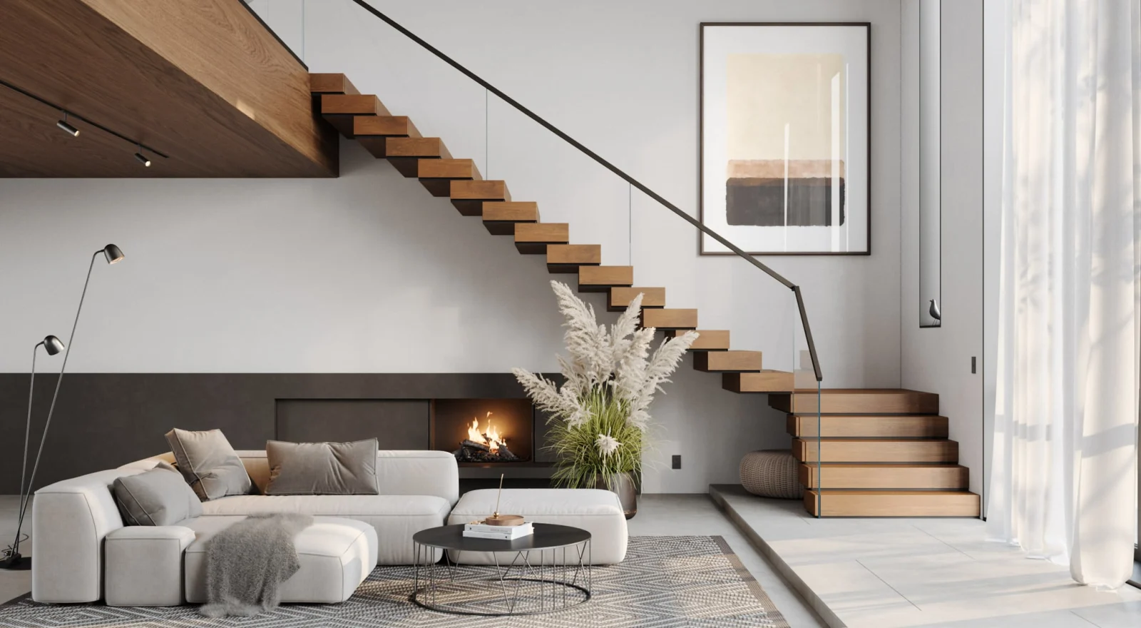 Light stacked treads and a thin black handrail rise above a fireplace and low sectional