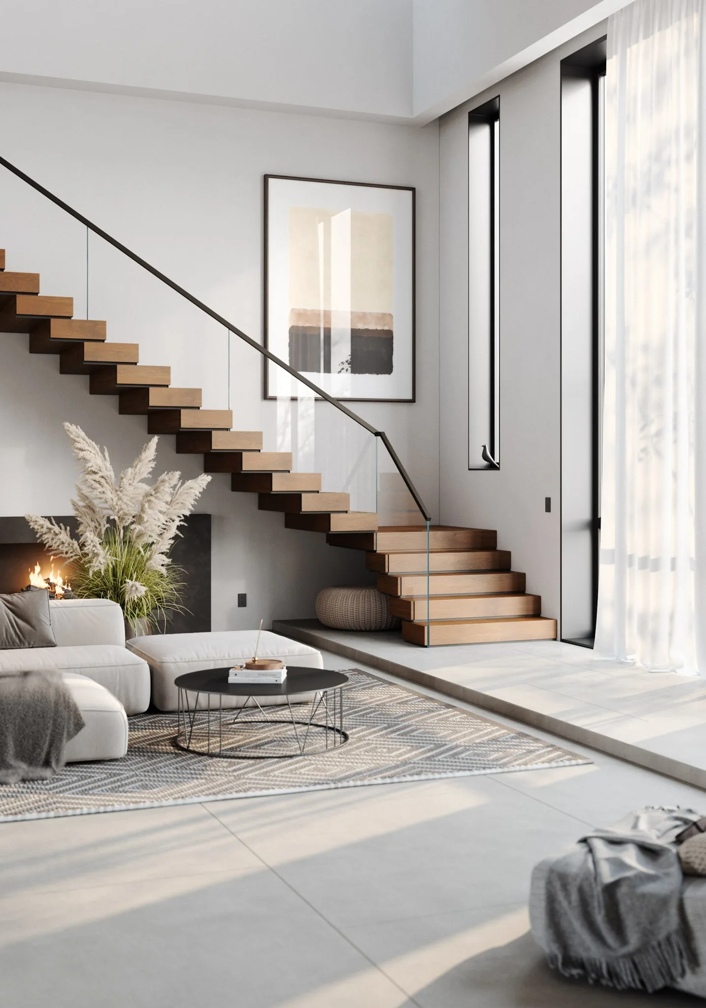 Tall living room with the stair and dark handrail climbing above a low sofa