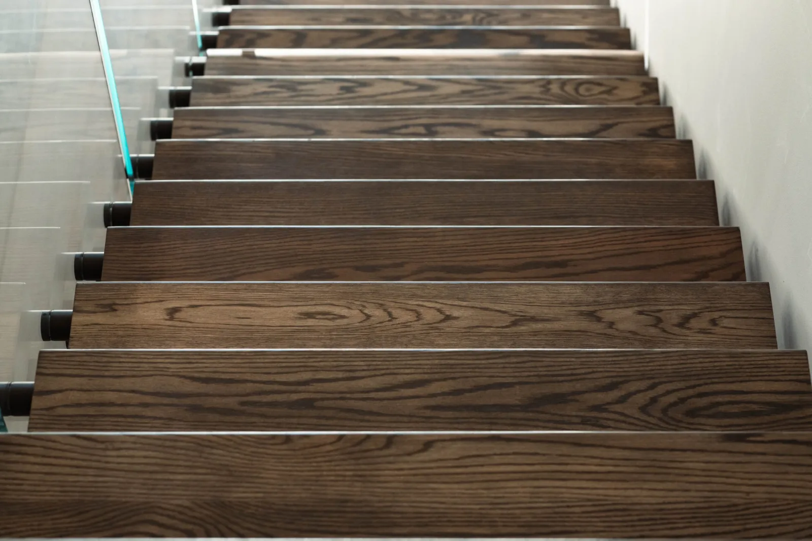 Looking down dark wood treads flanked by glass panels in black clips