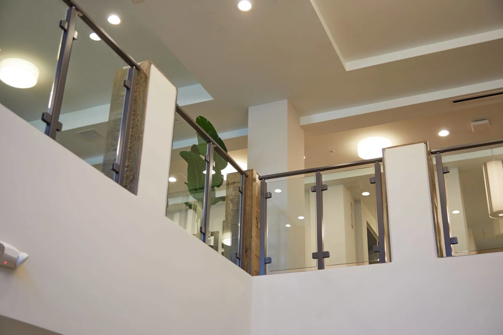 Railing turning a corner above the atrium with a plant rising through it