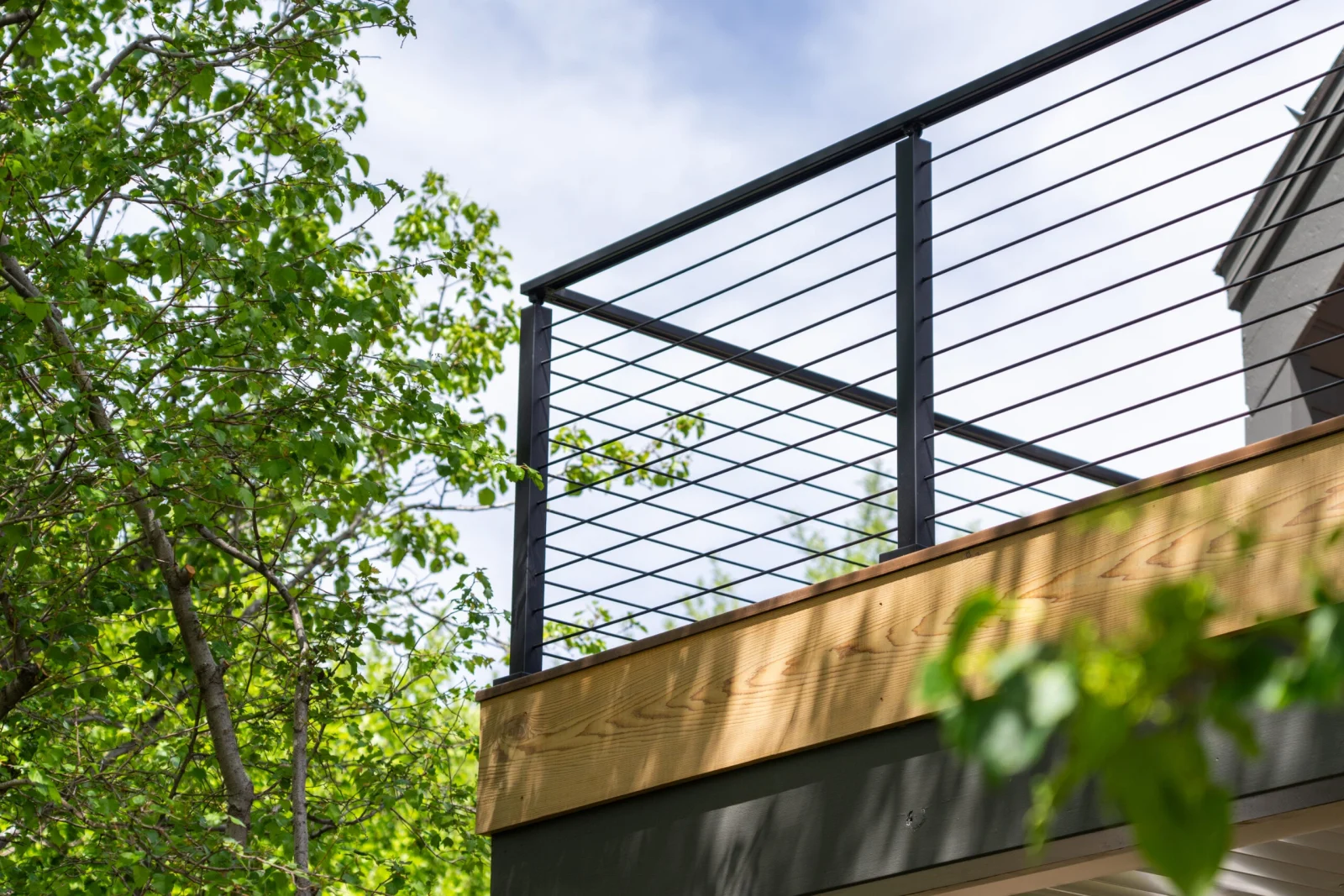 Black rod railing corner framed by leafy branches above a wood deck band
