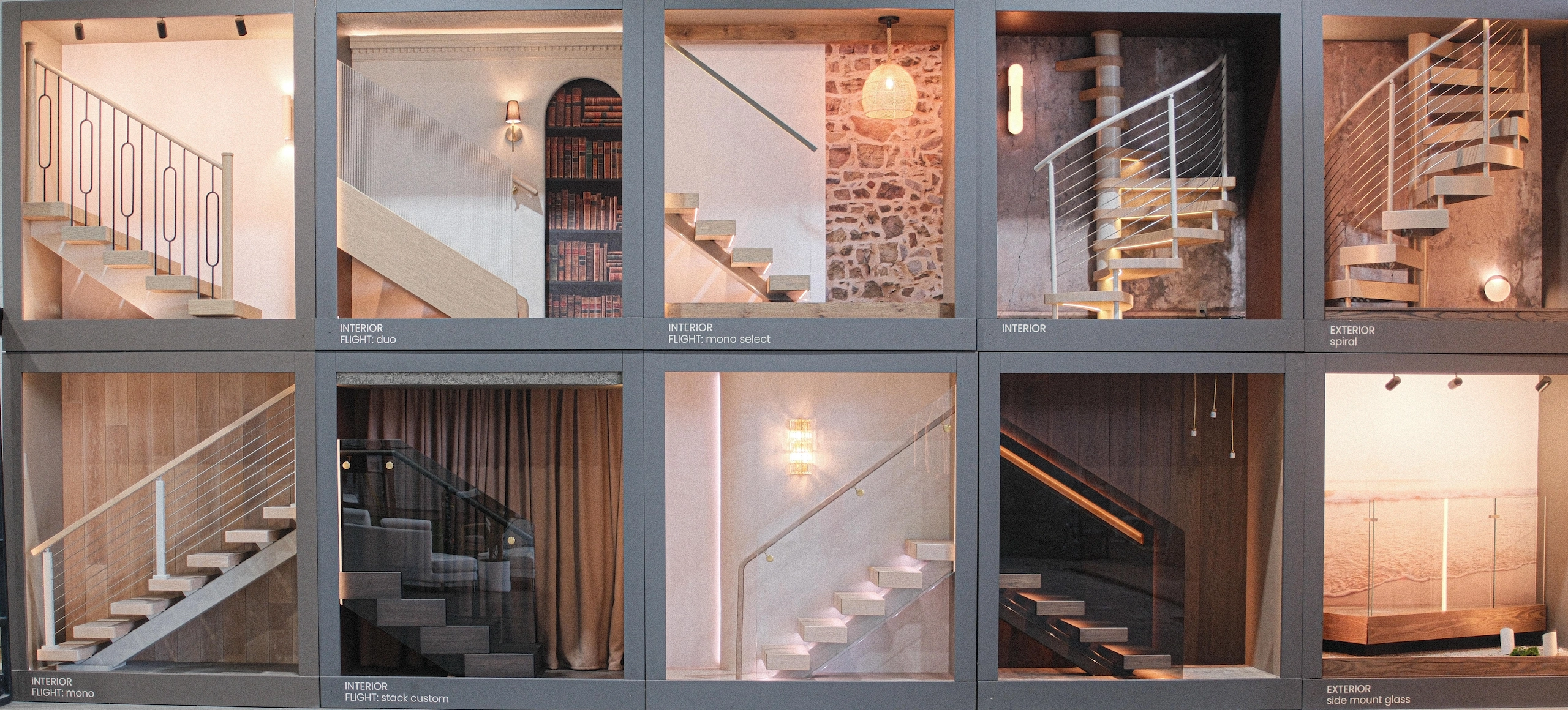 A grid of lit bays presents stair and railing combinations side by side