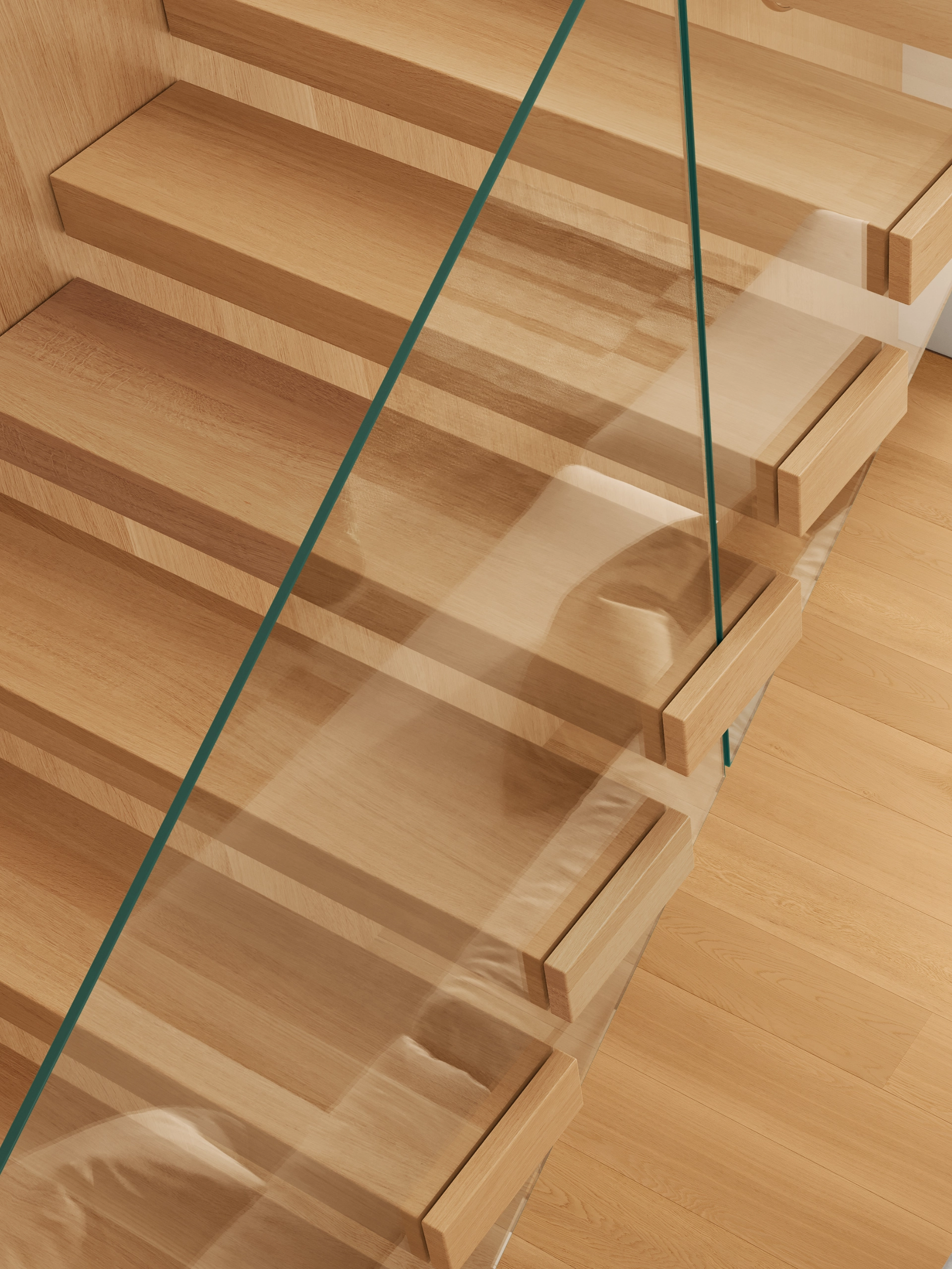 Stair treads and floor planks share the same finish beside a glass panel