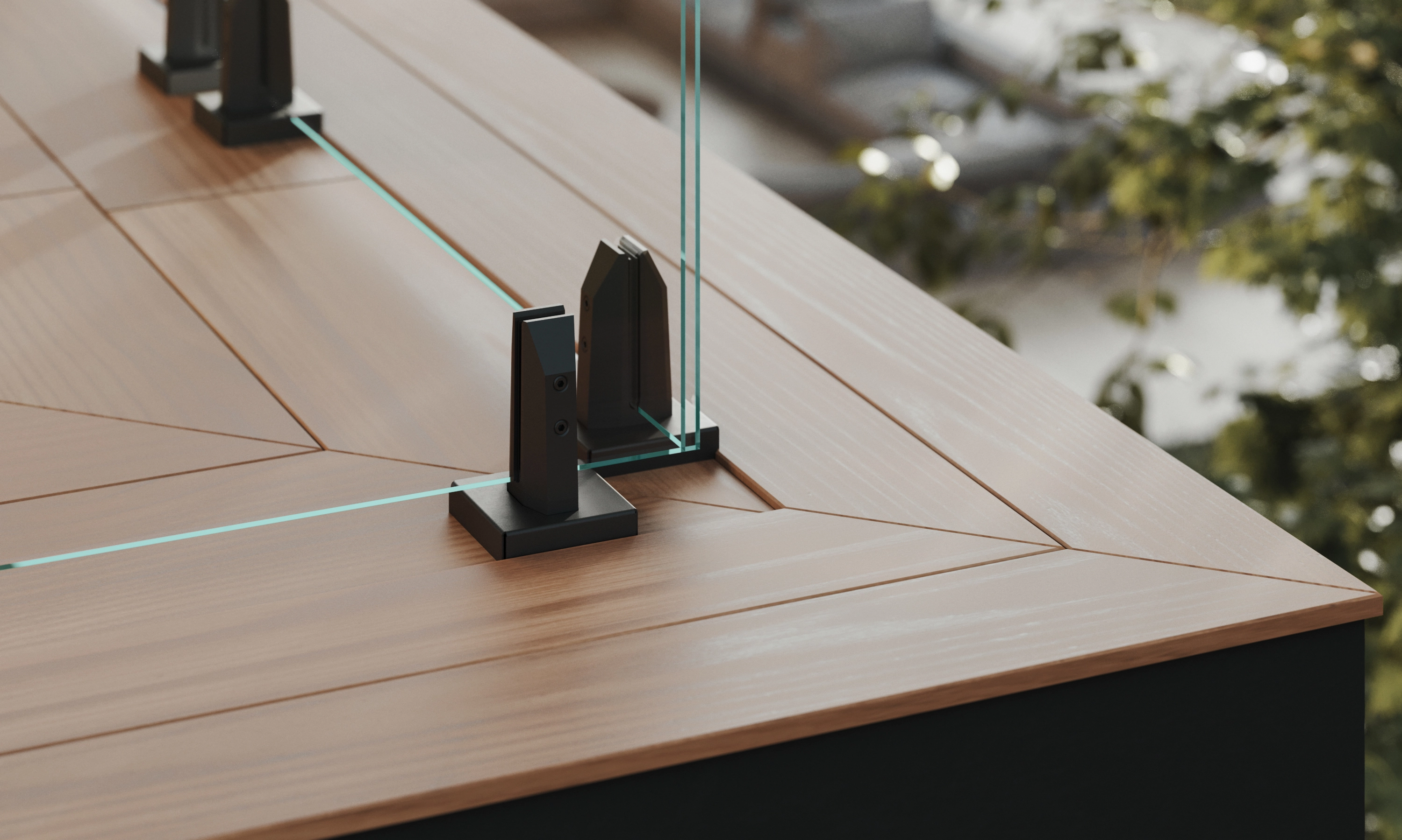 Close-up of paired black spigots clamping glass at a wood deck corner