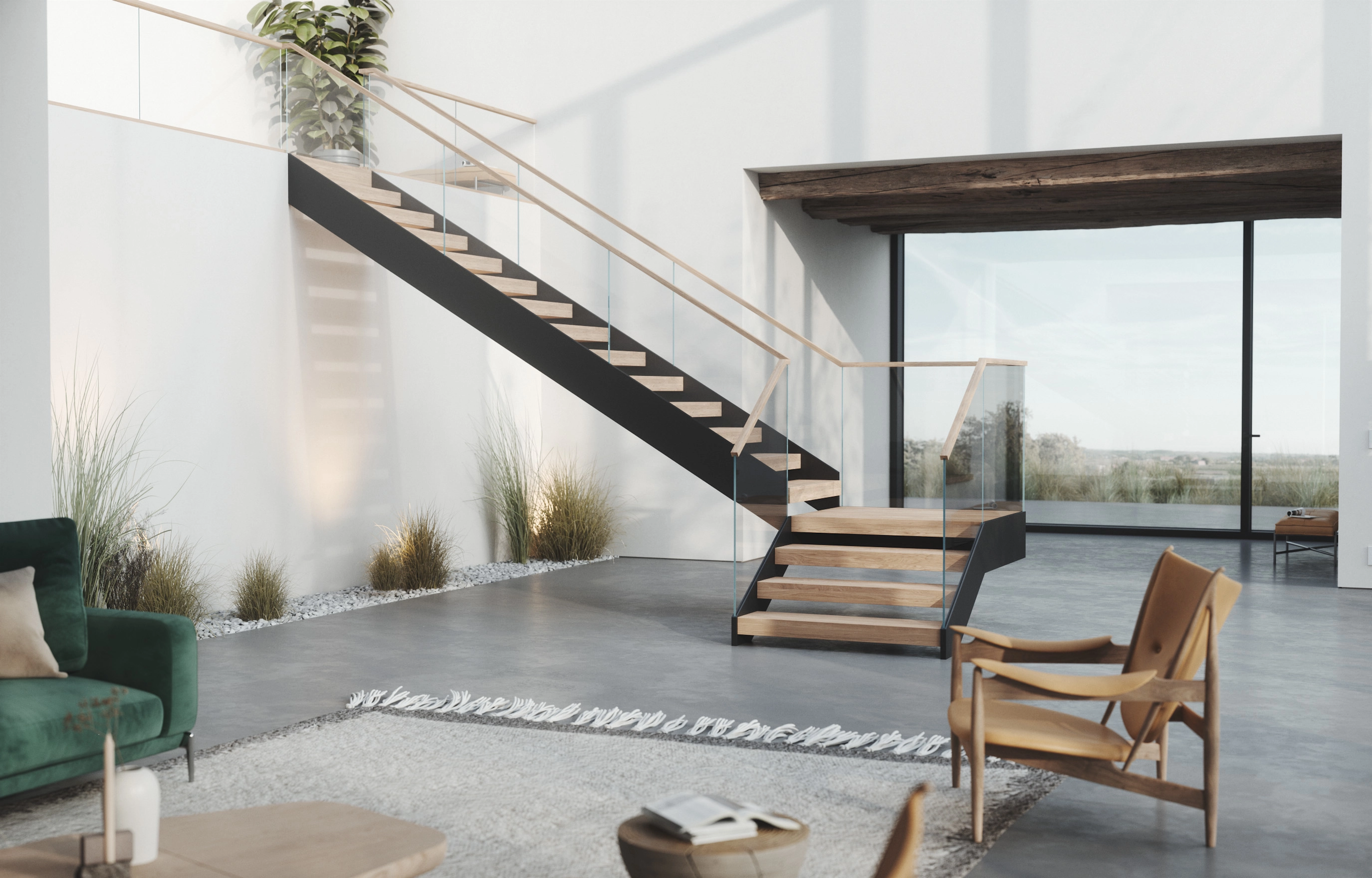Render of a twin-stringer stair above a lounge with two leather chairs