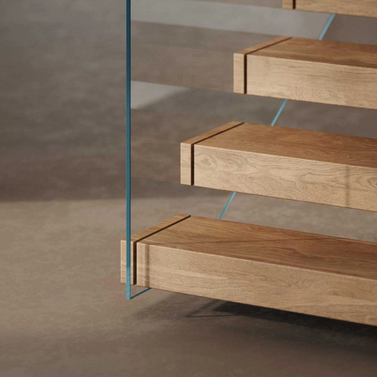 Close-up of cantilevered box treads emerging from a wall beside a glass panel