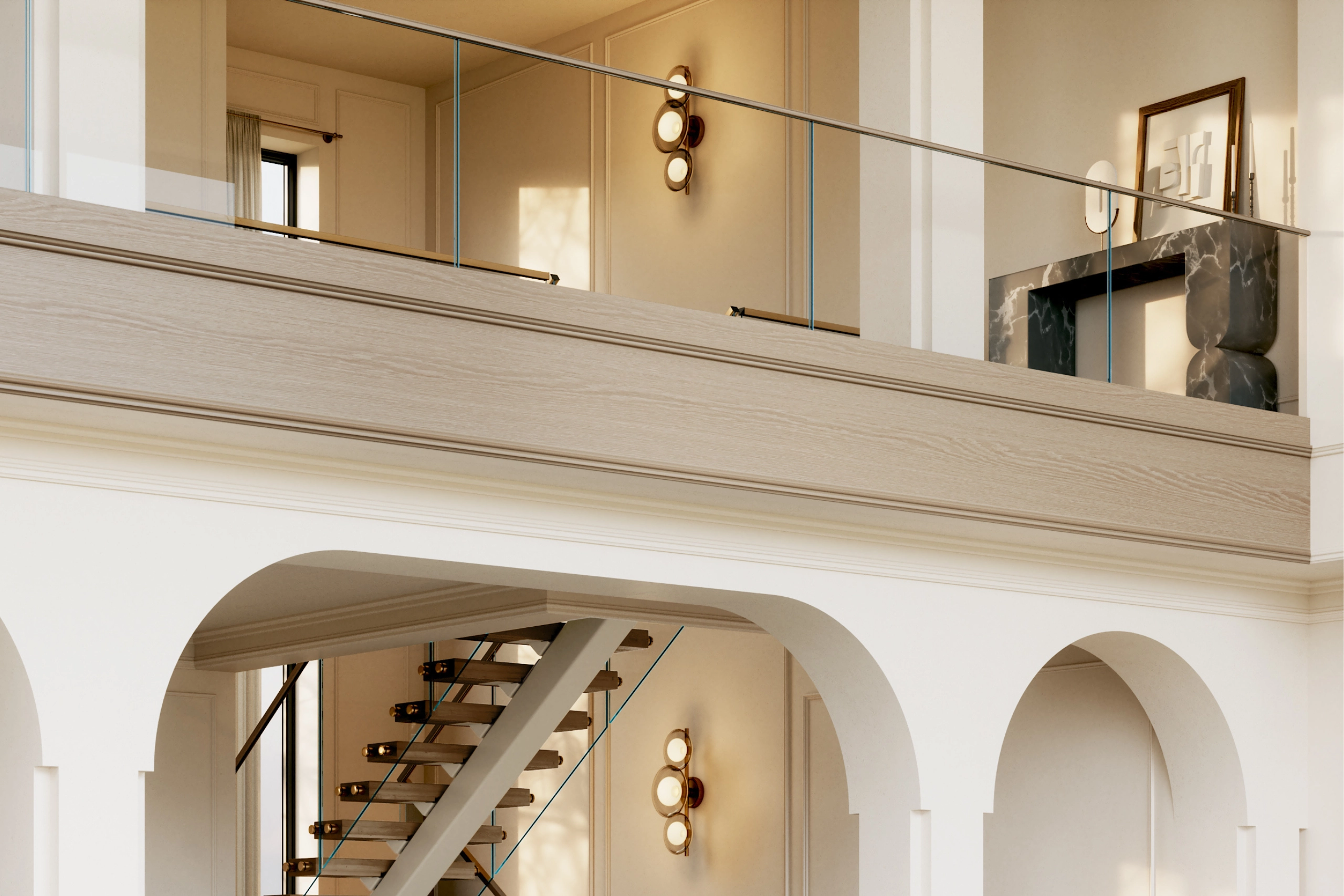A glass railing lines a balcony above arched openings and a lit stairway