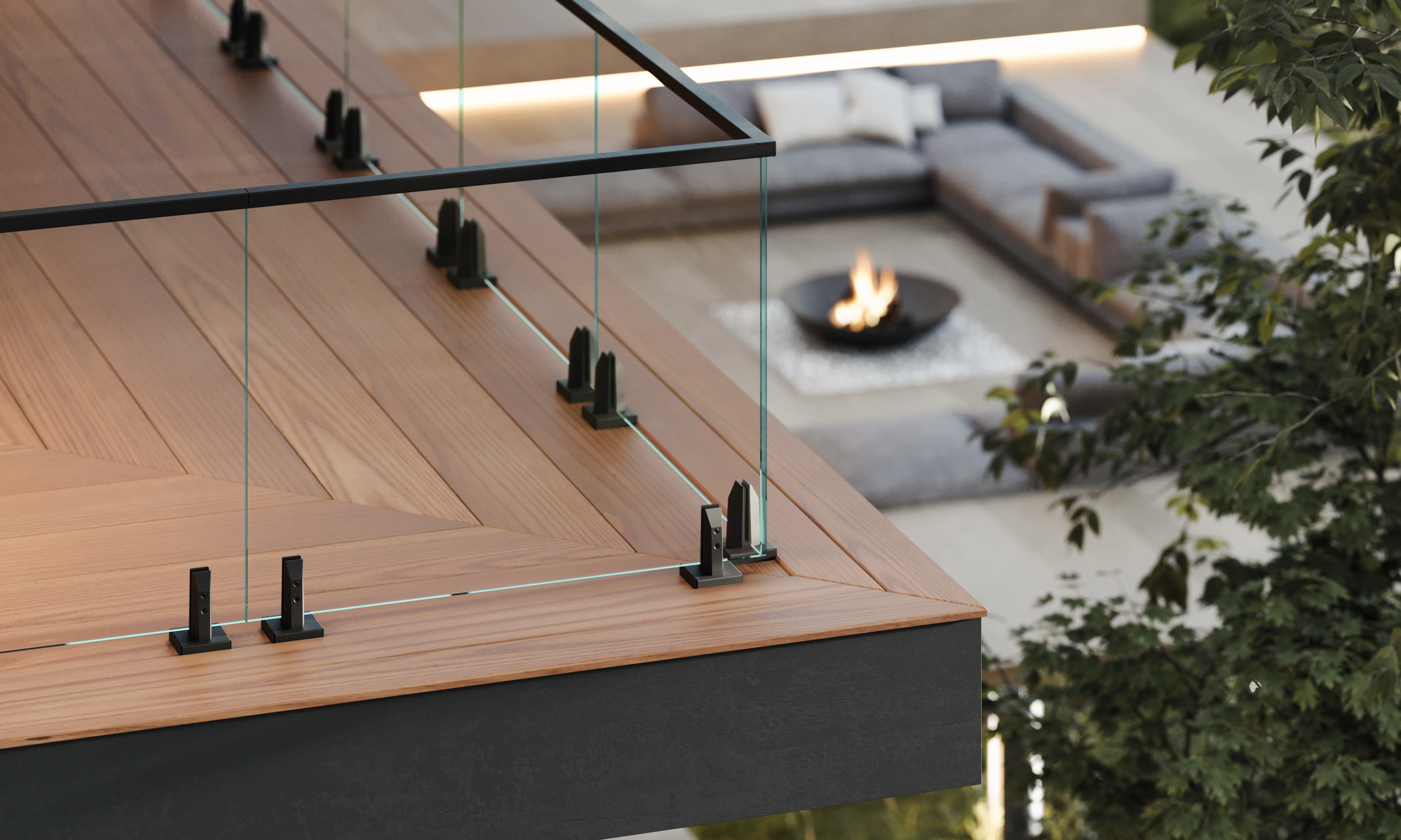 Spigot-set glass edges an upper balcony above a sunken fire pit lounge