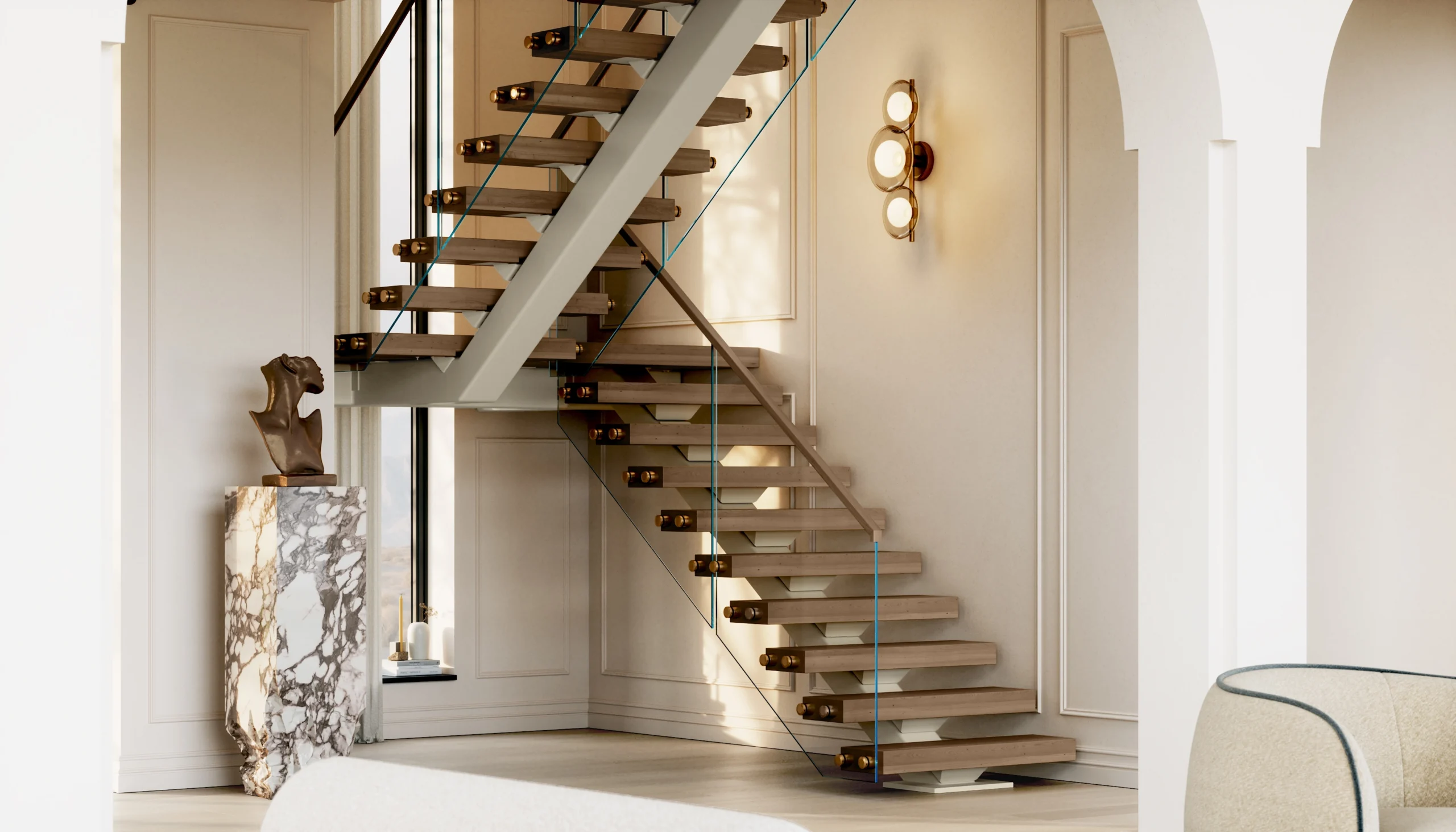 Floating treads and a glass railing rise past arched niches in a pale entry