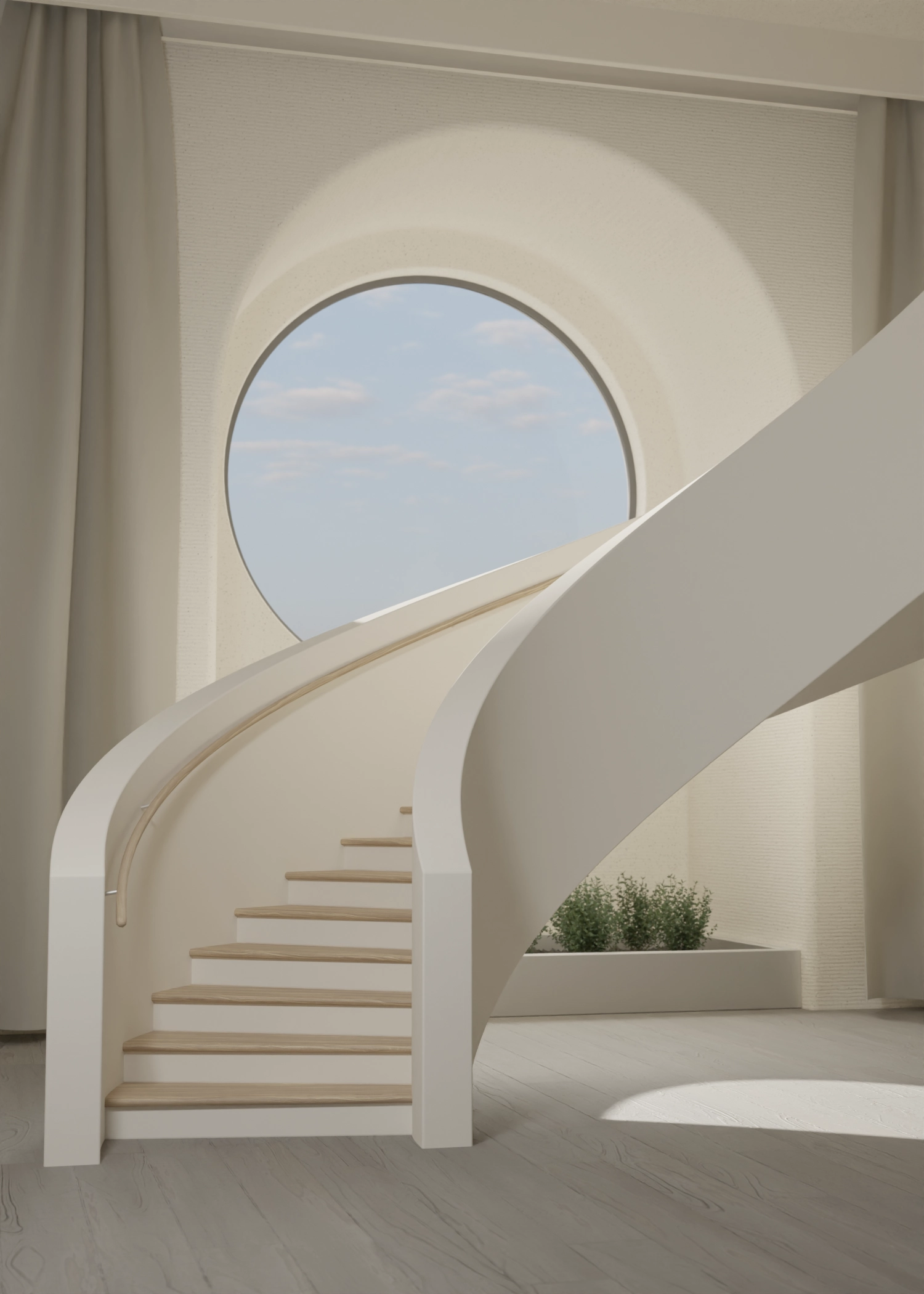 Render of FLIGHT Curve, a curved stair sweeping past a tall round window