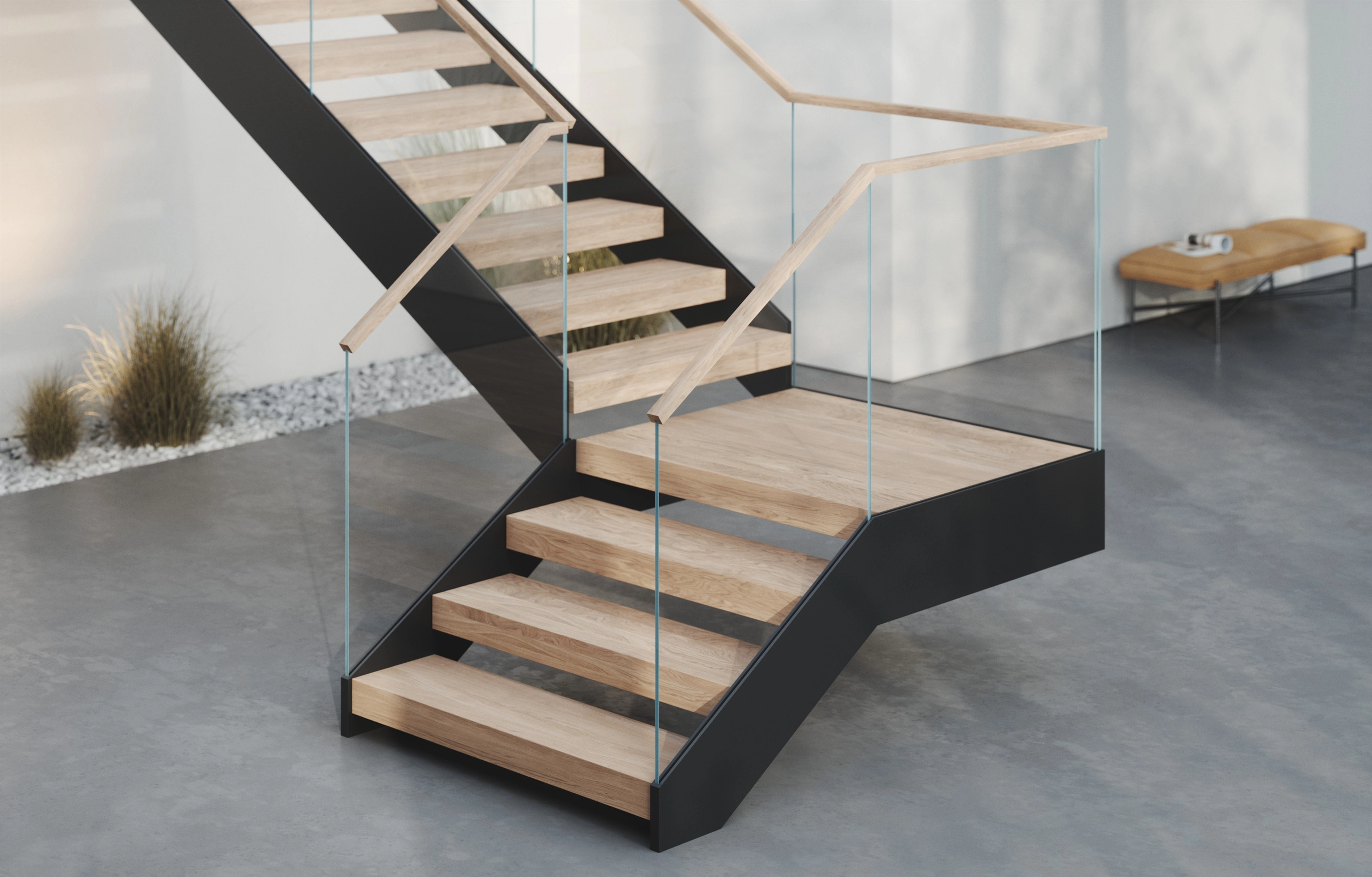 Render of FLIGHT Duo, twin black stringers carrying wood treads in an open room