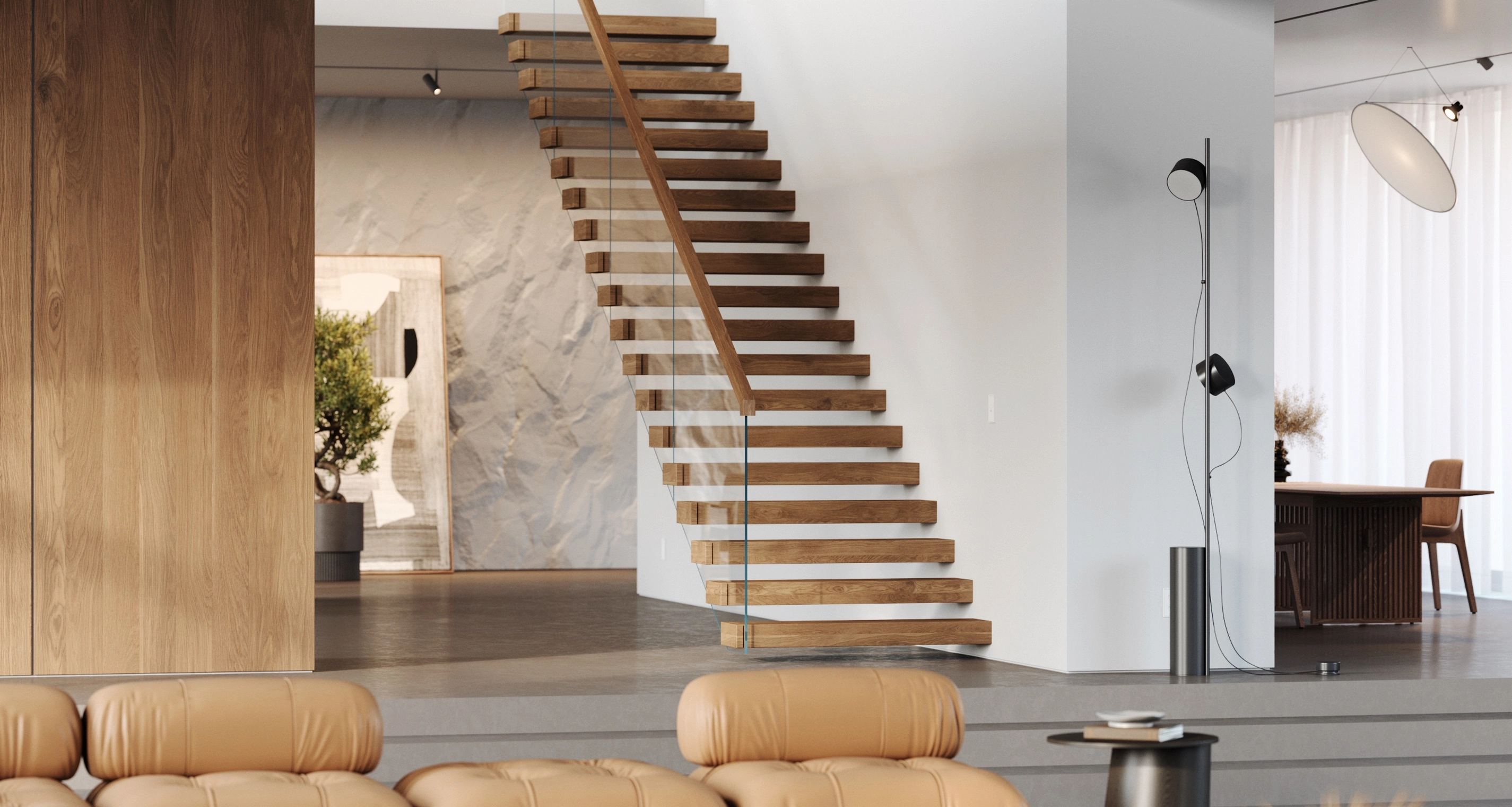Cantilevered treads climb a bright wall above low bench seating