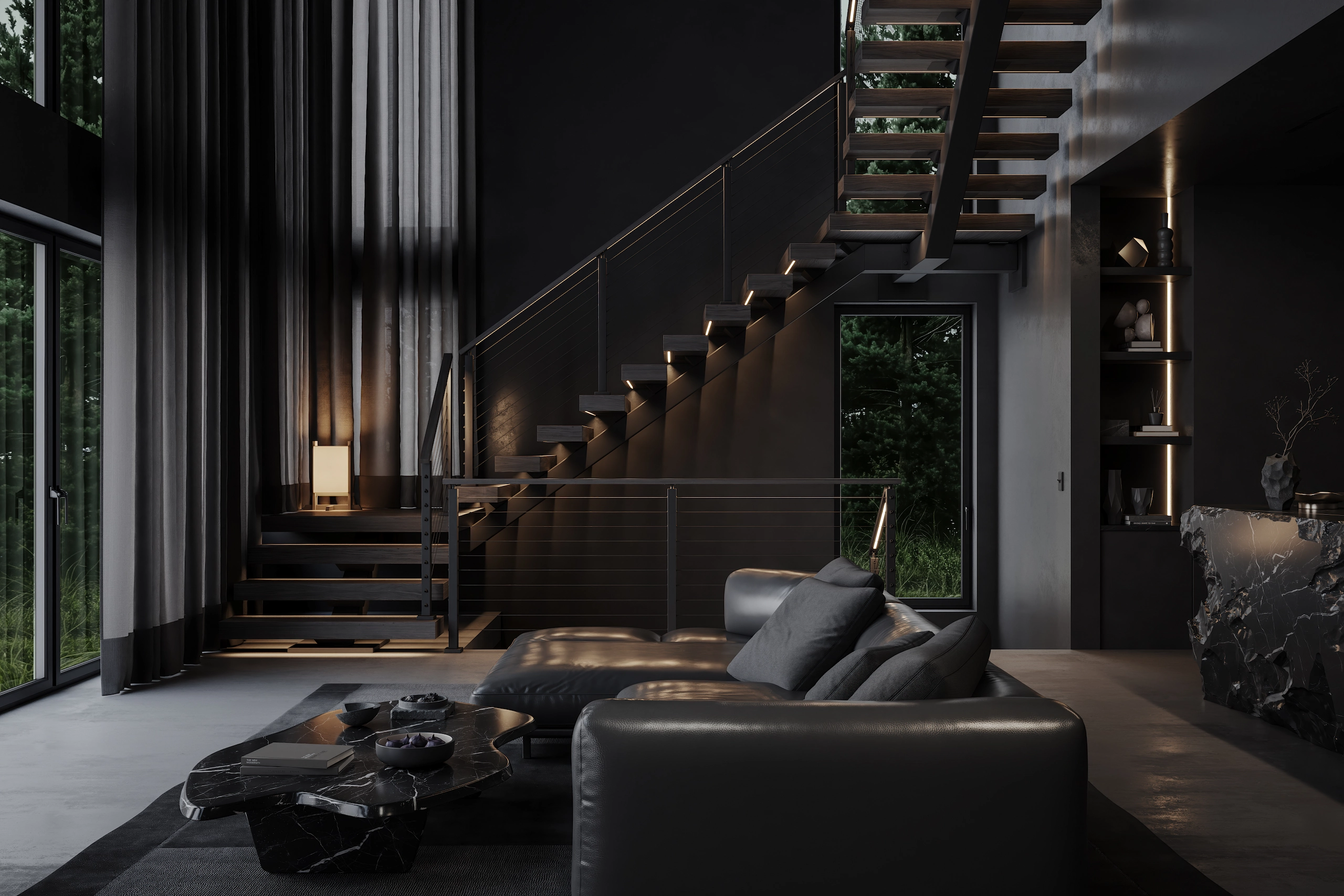 Black cable railing follows a dark stair above a low-lit seating area
