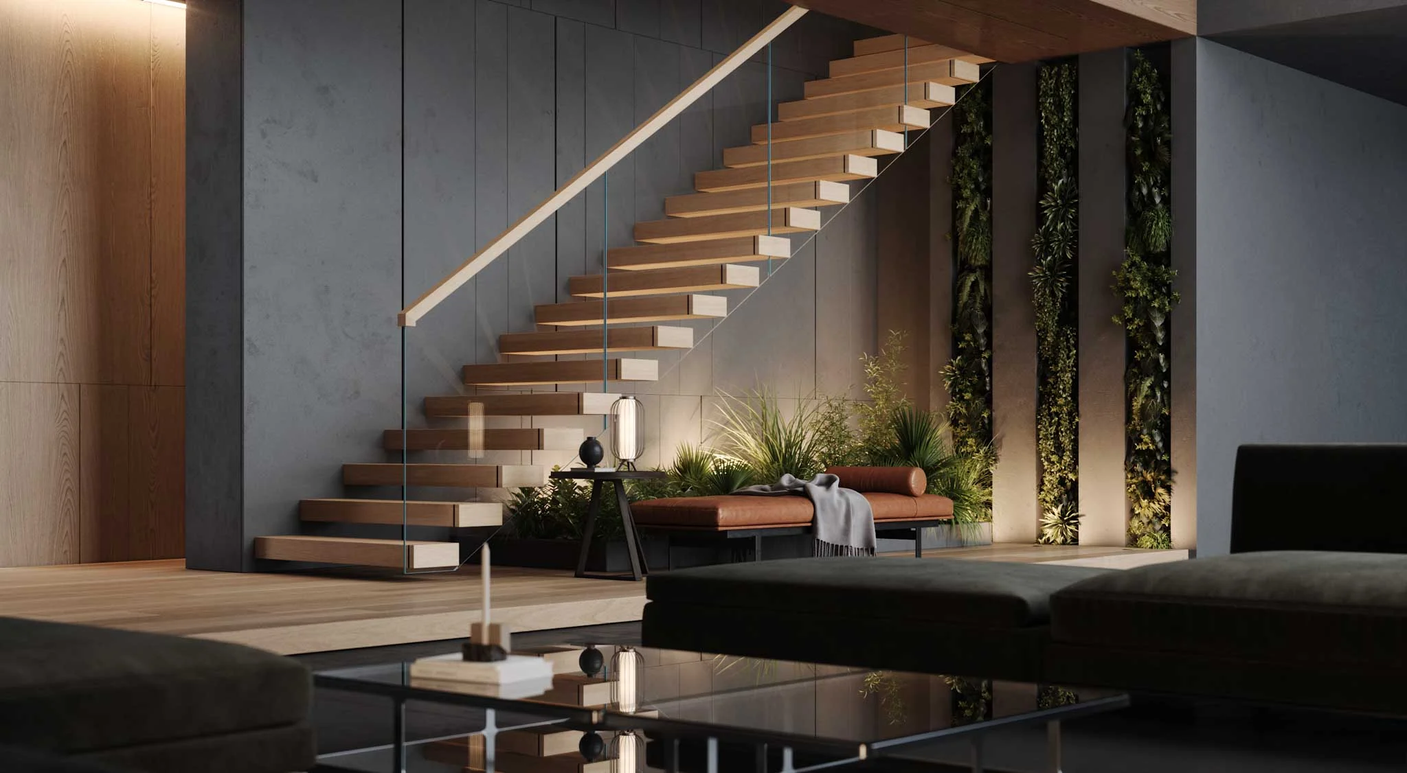 Lit cantilevered treads rise through a dark lounge beside a planted wall