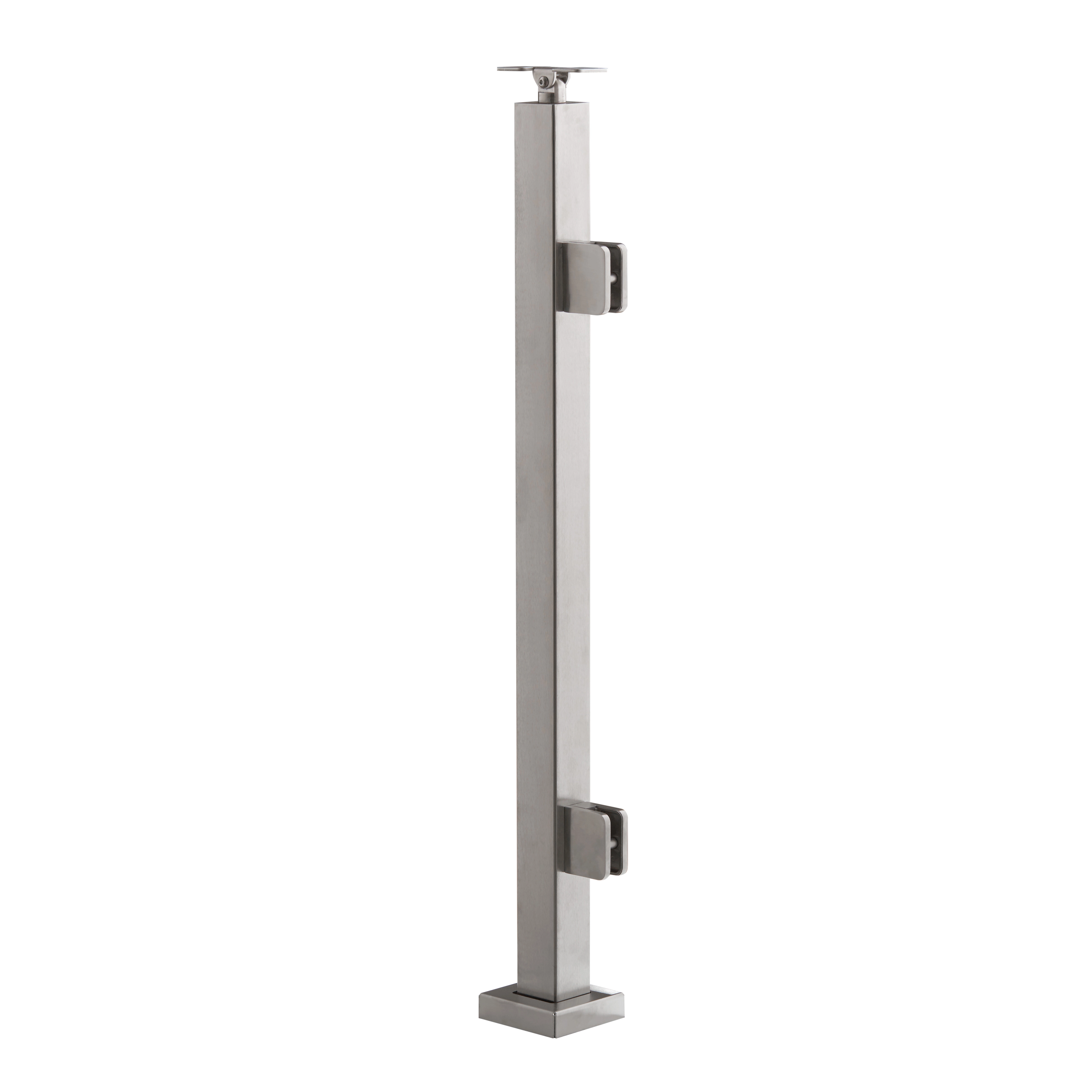 Surface-mounted glass post render on a compact base plate with two clamps