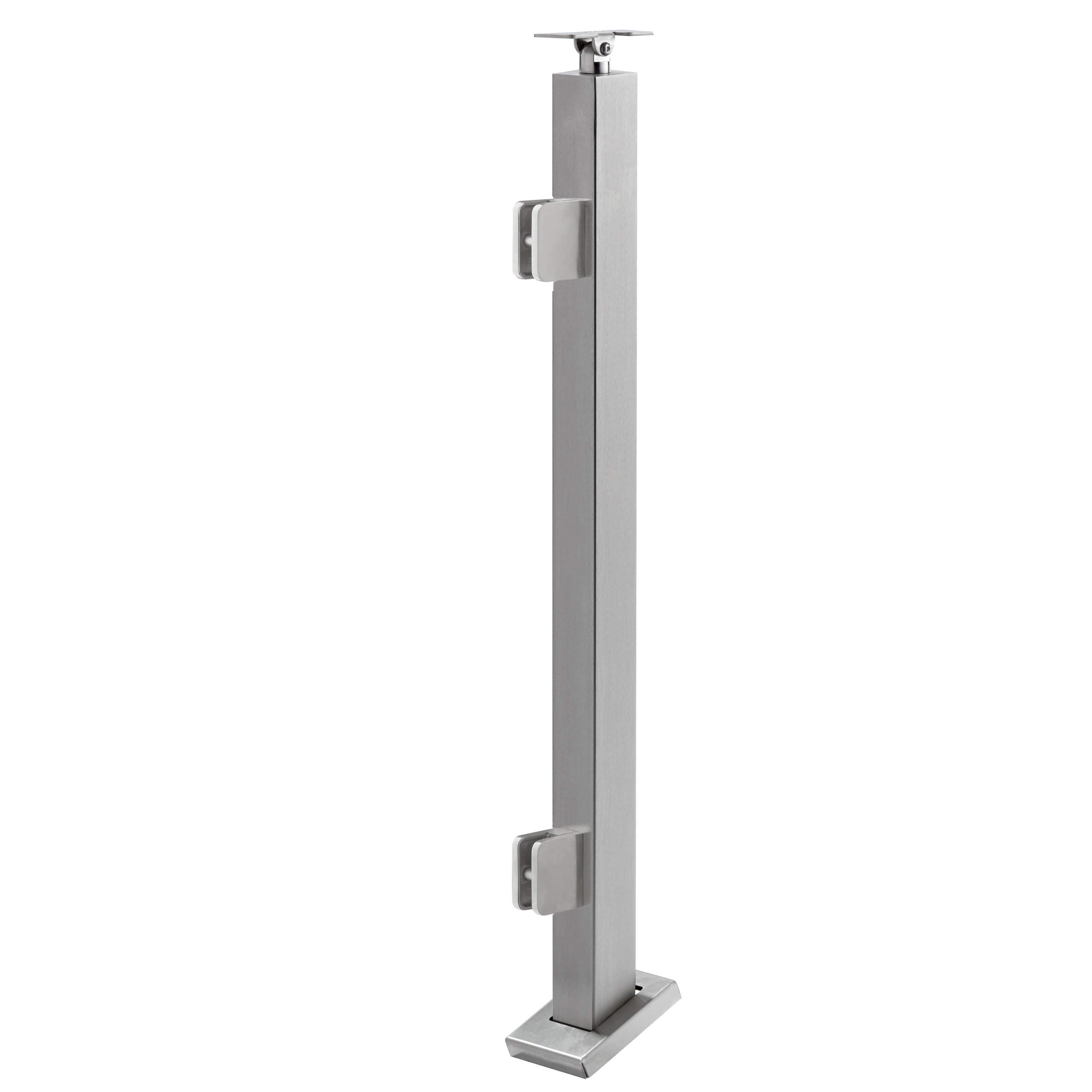 Render of a glass railing post fixed to an angled foot base plate