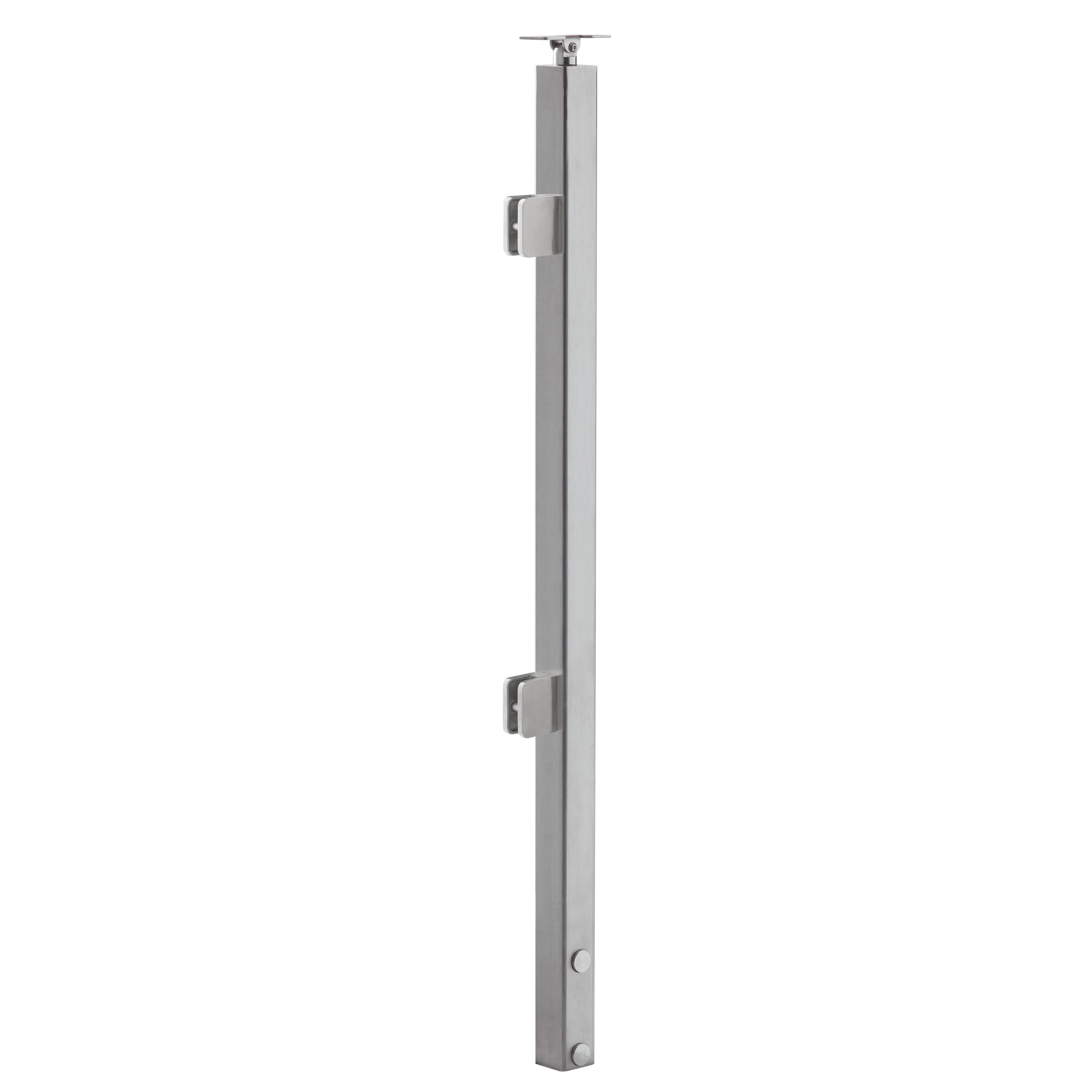 Slim side-mount glass post render with a narrow fixing slot near the base