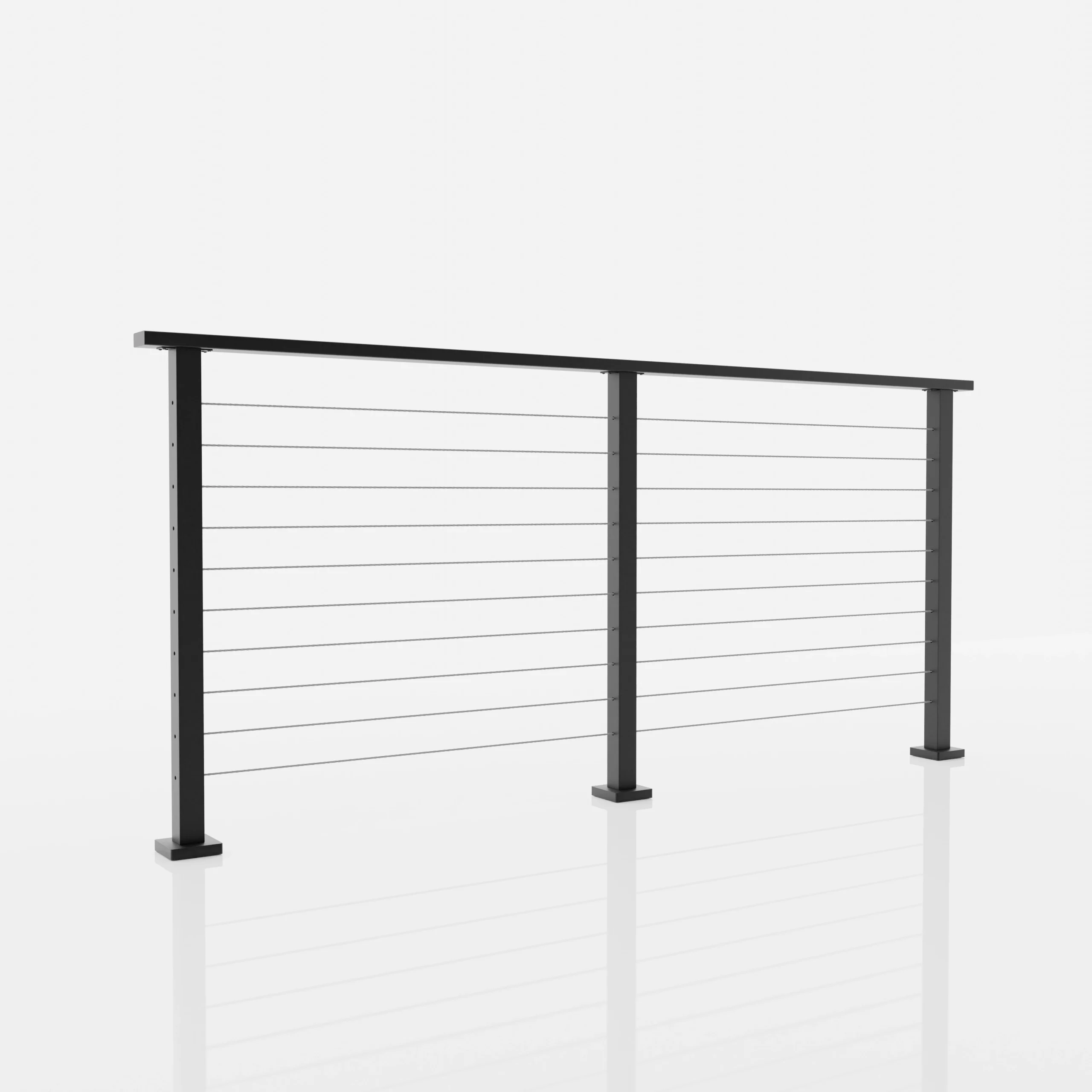 Render of a cable railing section standing on surface-mounted base plates