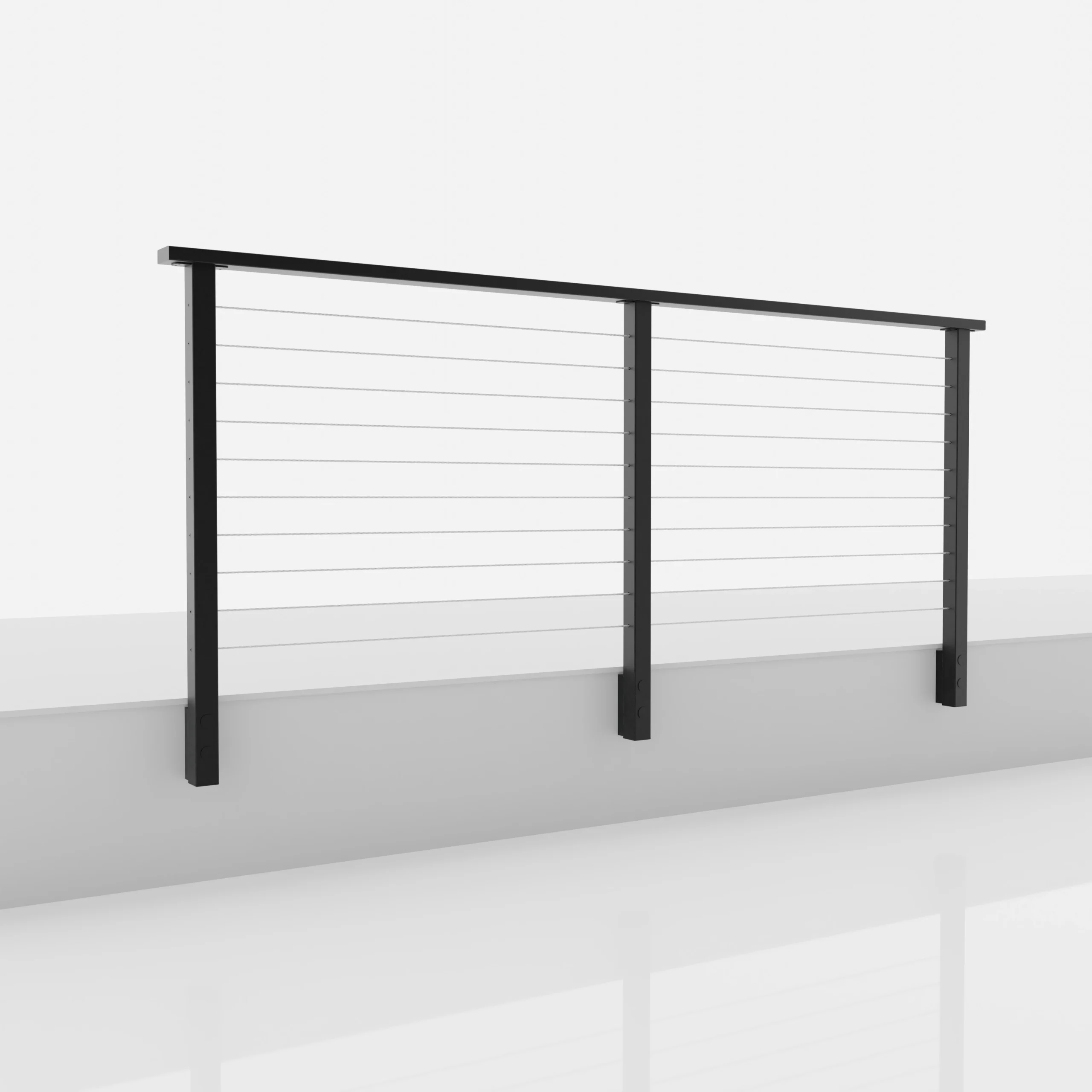 Render of a cable railing section on slim side-mounted black posts
