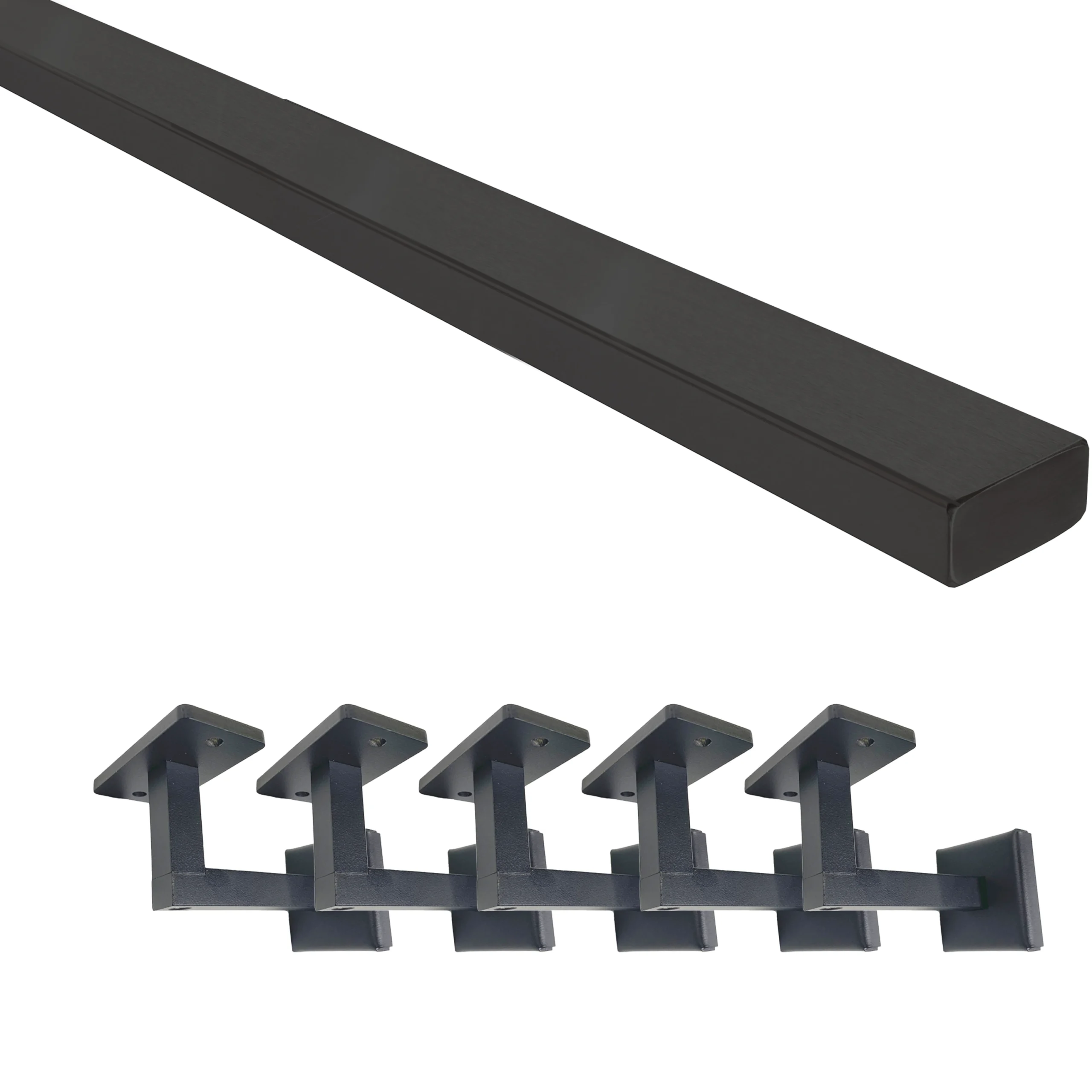 Product render of a black wall-mounted handrail with its mounting brackets