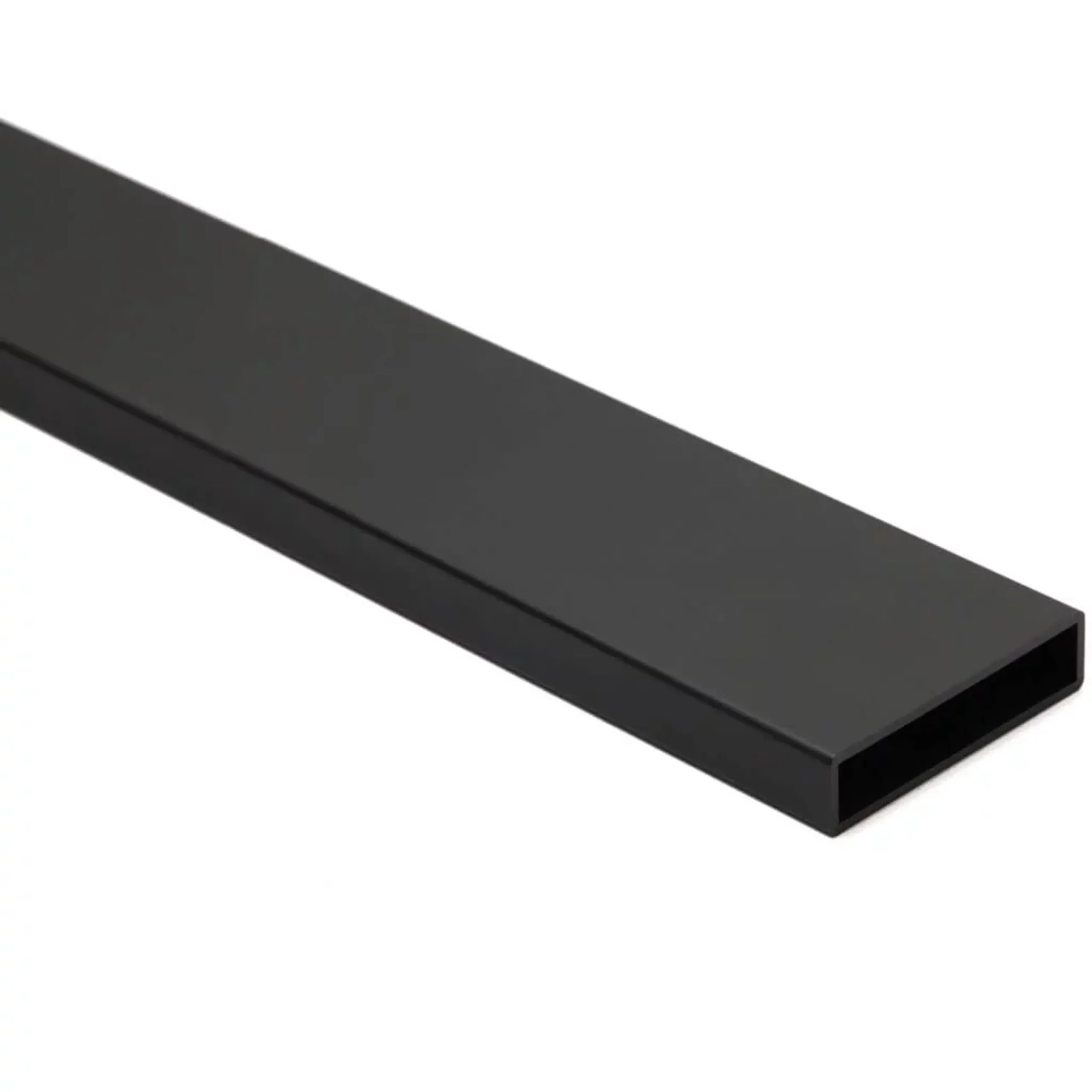 Product render of a wide flat black handrail profile with an open underside