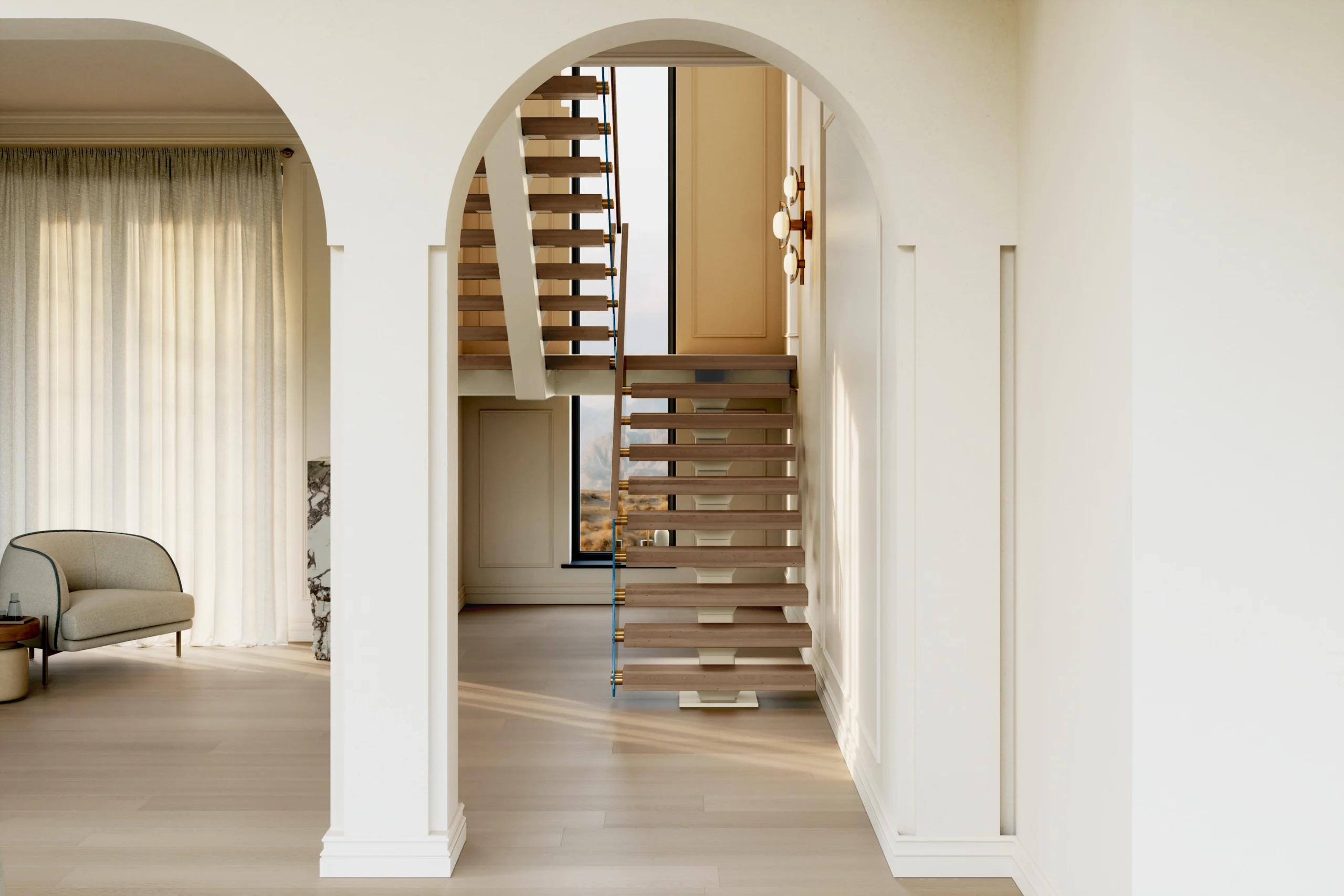 Arched openings frame a floating stair and glass railing across the room