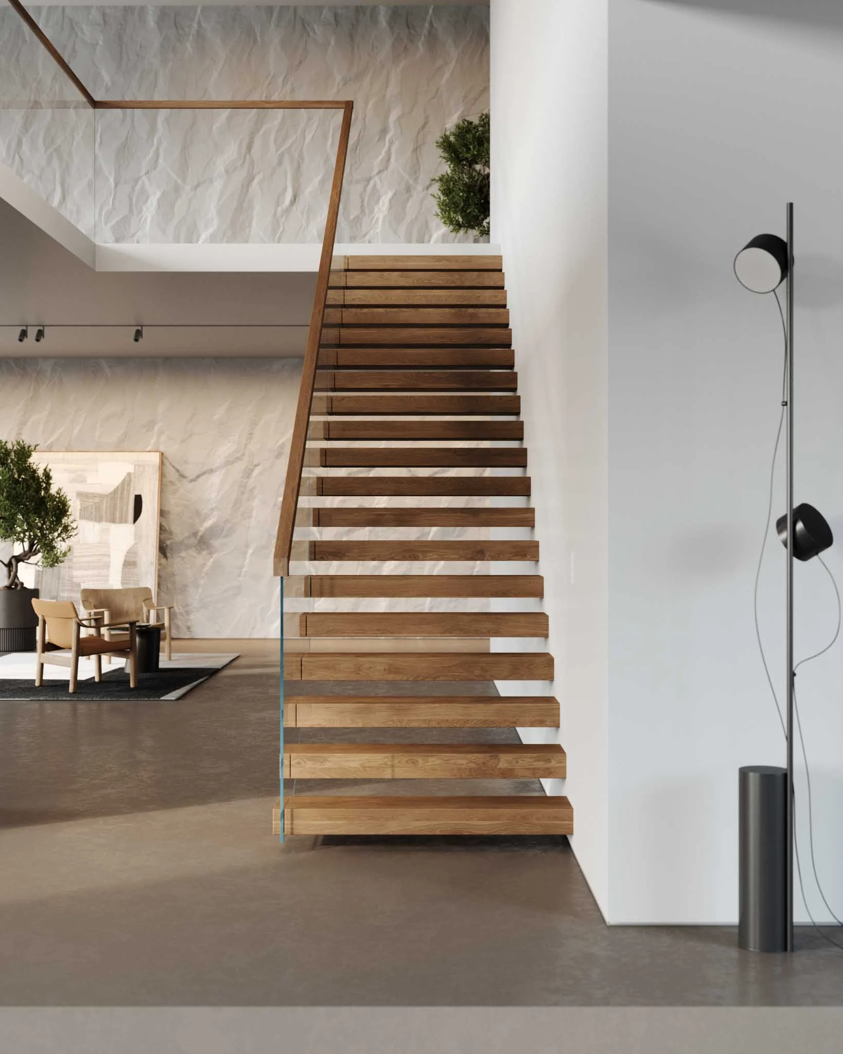 Cantilevered treads climb a veined stone wall beside a slim wood handrail