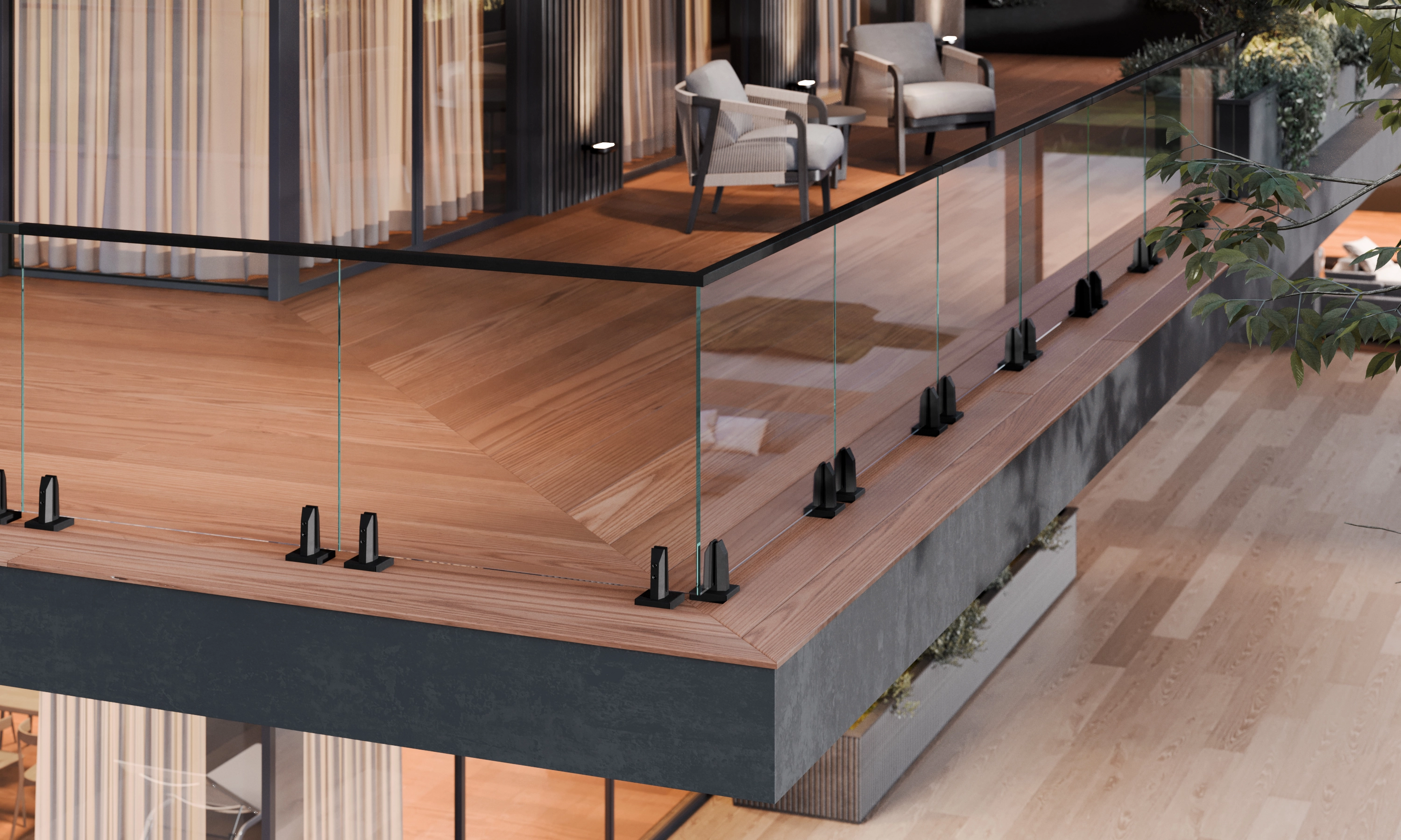 Black spigots line a deck edge holding glass above a planted slope