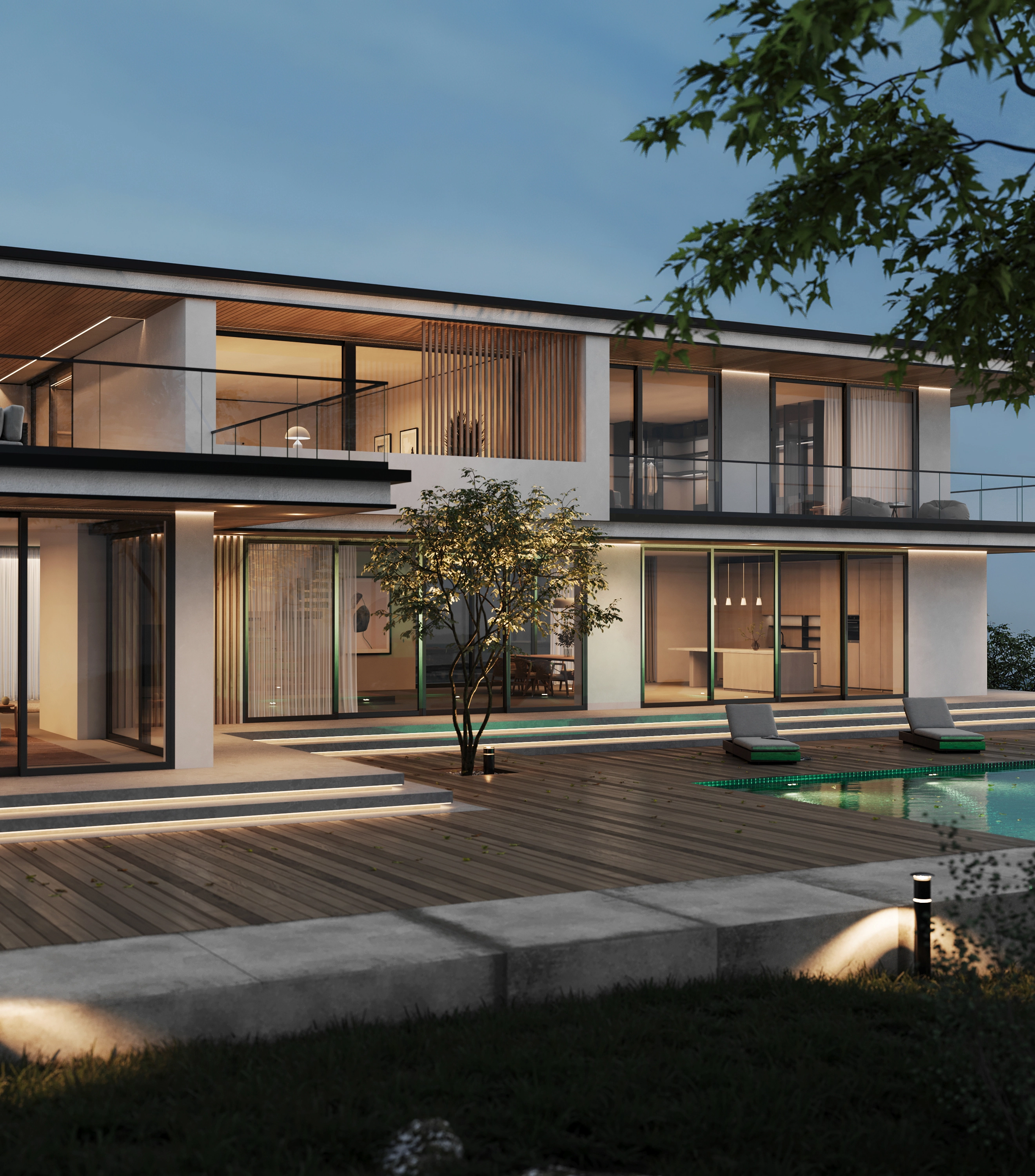 Glass railing lines the upper level of a low-slung house above a lit pool