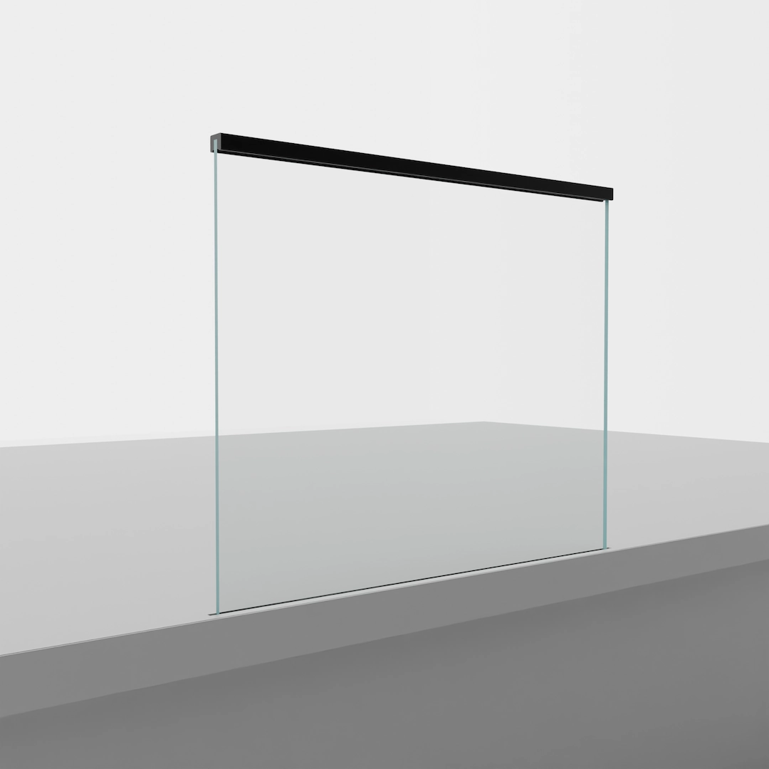 Product render of a glass panel with a black top rail on a plain ground