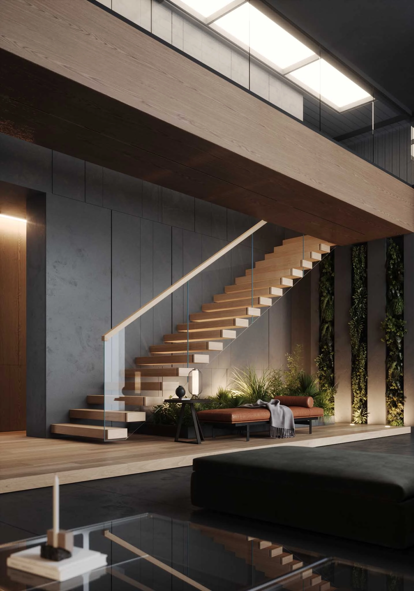 Wide room view of the stair under a wood soffit between concrete walls