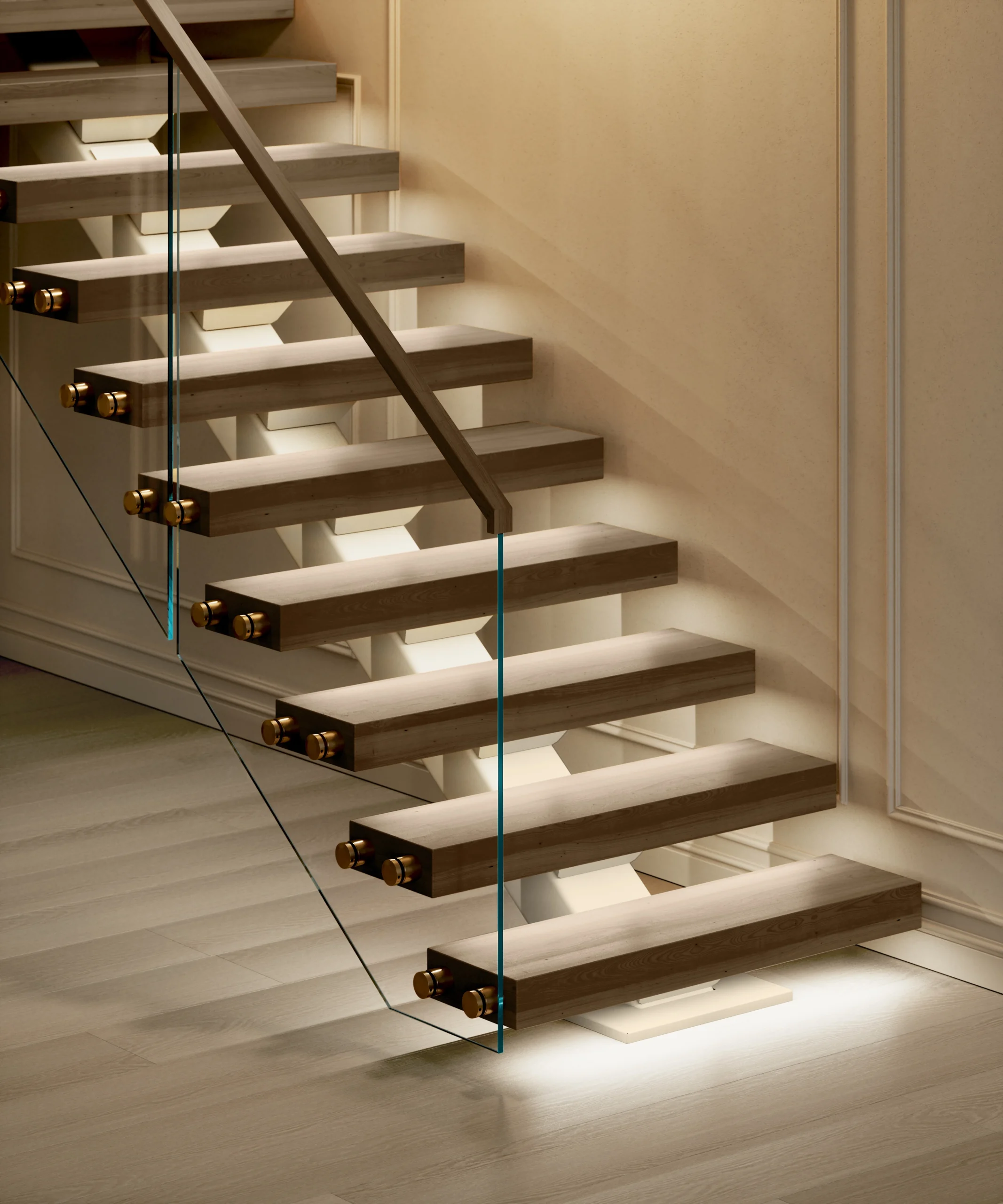 Illuminated treads glowing beneath glass railing along the full run