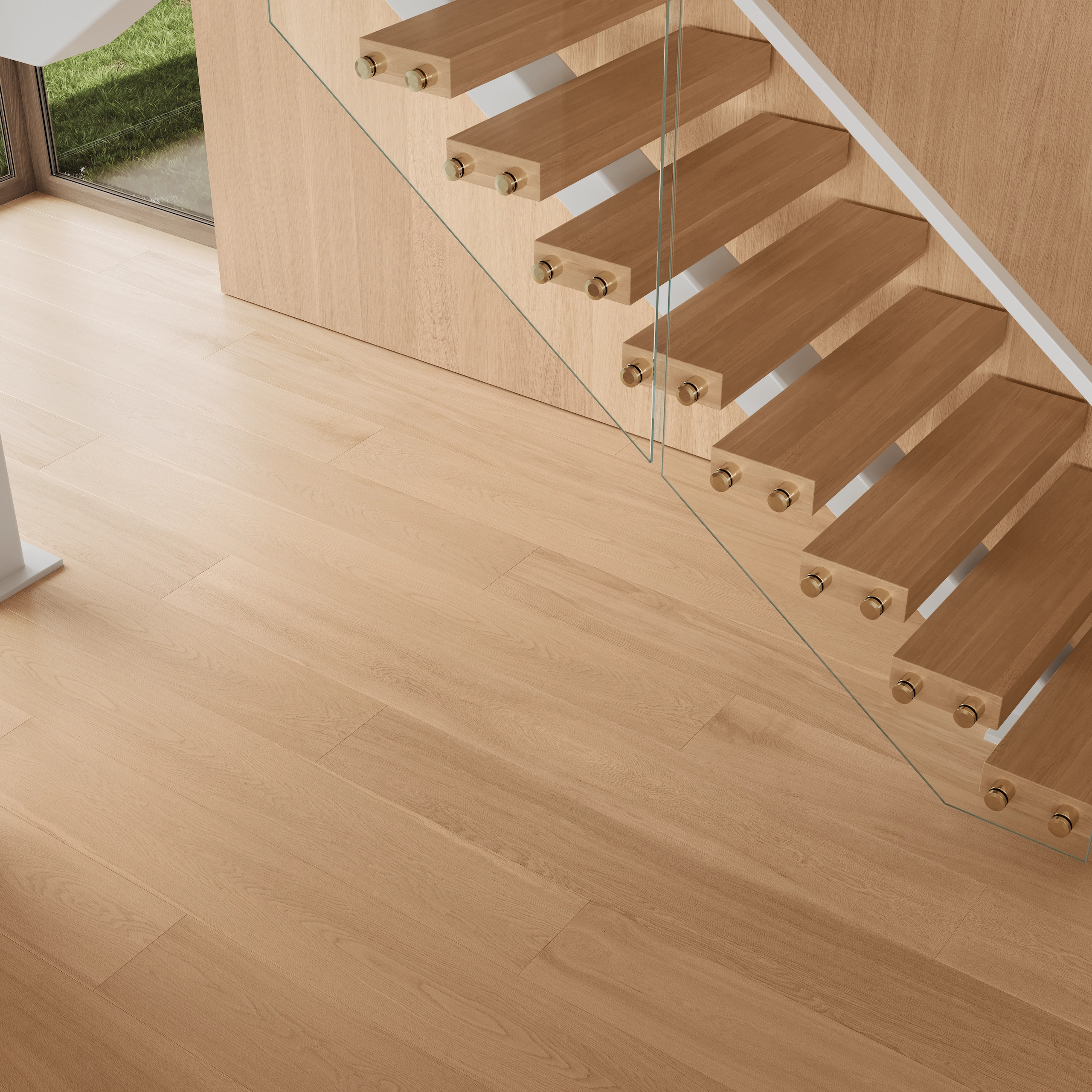 Low view across plank flooring to cantilevered treads and the glass panel's polished standoff hardware
