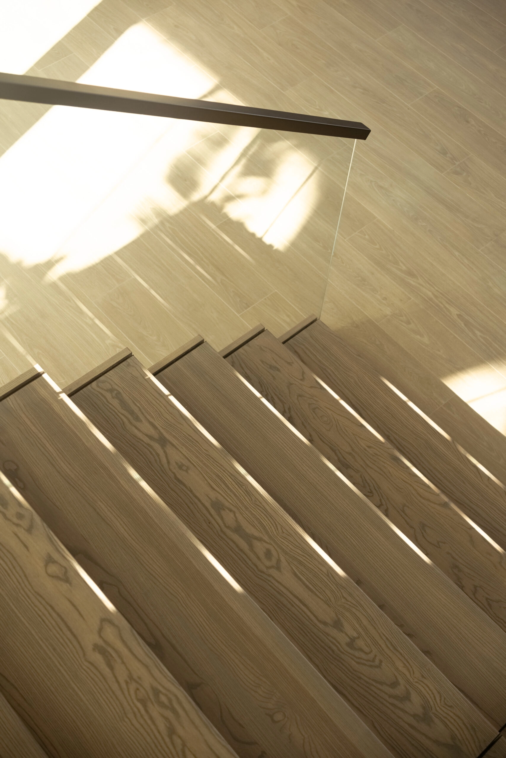 Sunlit tread edges and wood grain viewed at a steep downward angle