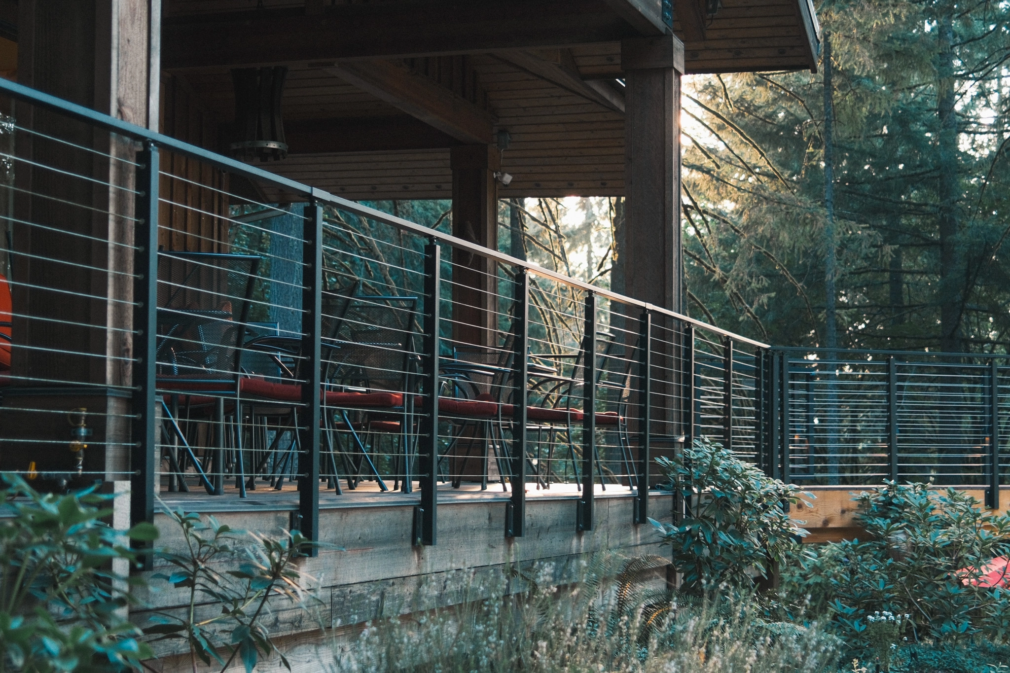 Cable railing running past a covered tasting space set among tall evergreens