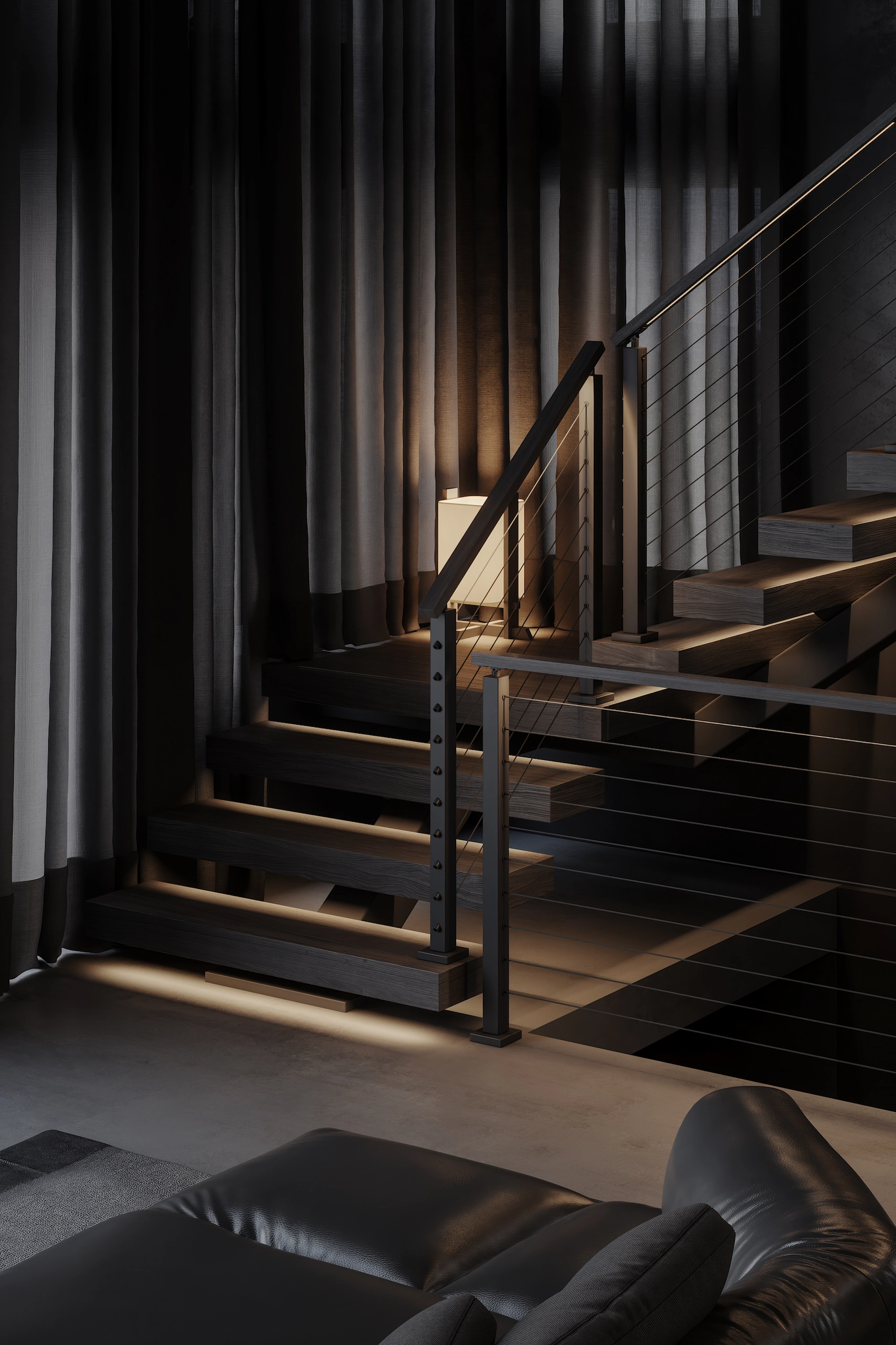 Dark interior where lit treads glow above a black cable railing and curtains