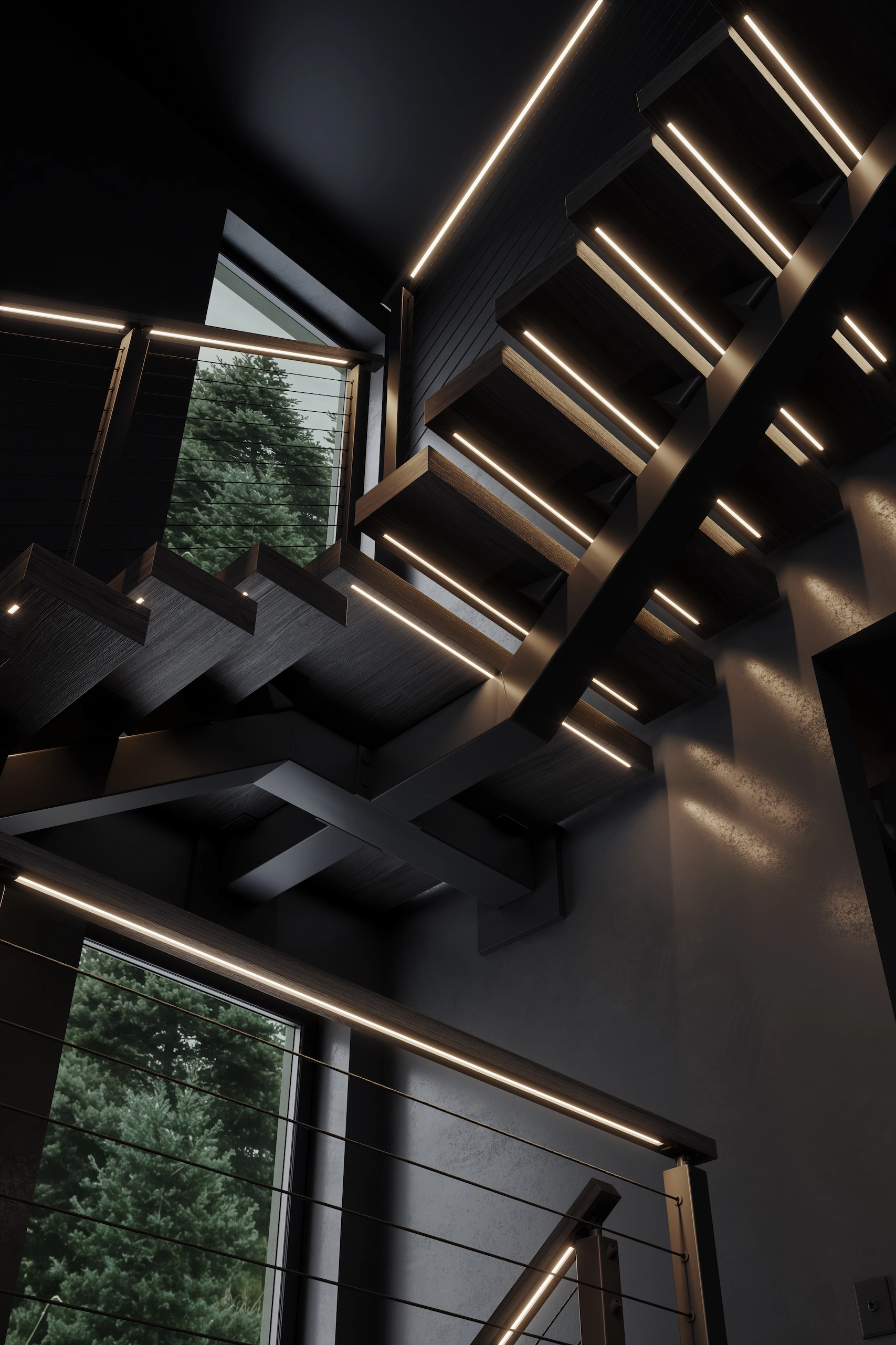 Looking up at the underside of the flight with light strips tracing each tread