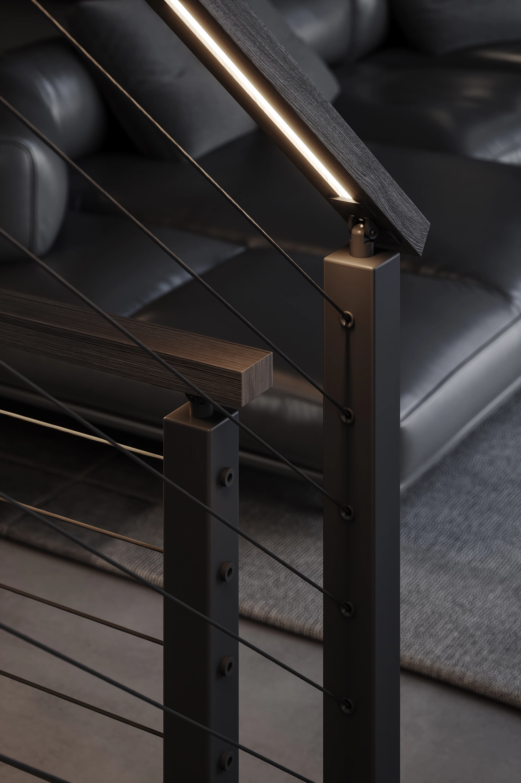 Post and cables in the foreground with leather seating behind