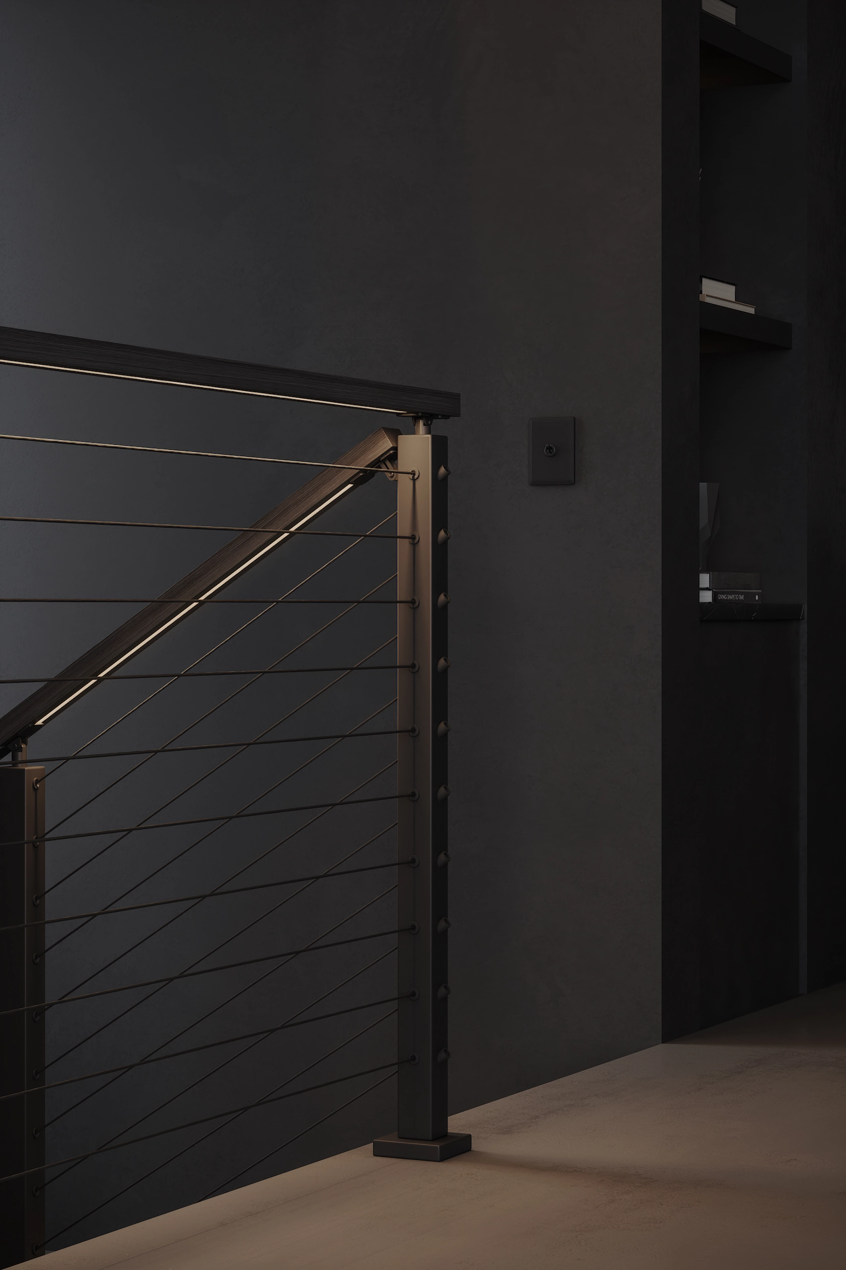 Cable panel guarding the first steps against a dark wall and lit rail