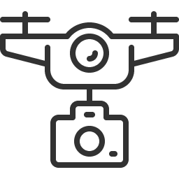 Outlined drone with camera mounted below its body in a simple black line style.