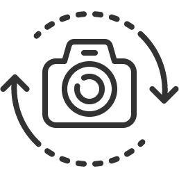 Black camera icon with circular arrows around it indicating 360-degree view.