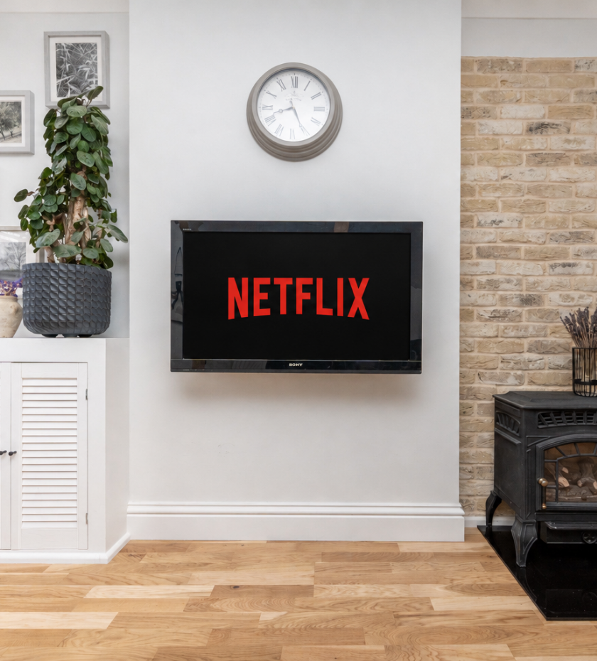 A cozy living space shows a TV mounted above a white media console, a decorative wooden ladder with a tasseled blanket, and a dining area with dark chairs visible in the background.