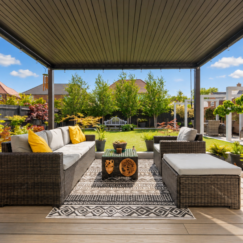 A bright balcony with light gray outdoor chairs, a patterned ottoman, and a geometric rug is decorated with hanging string lights and wall-mounted planters with various plants.