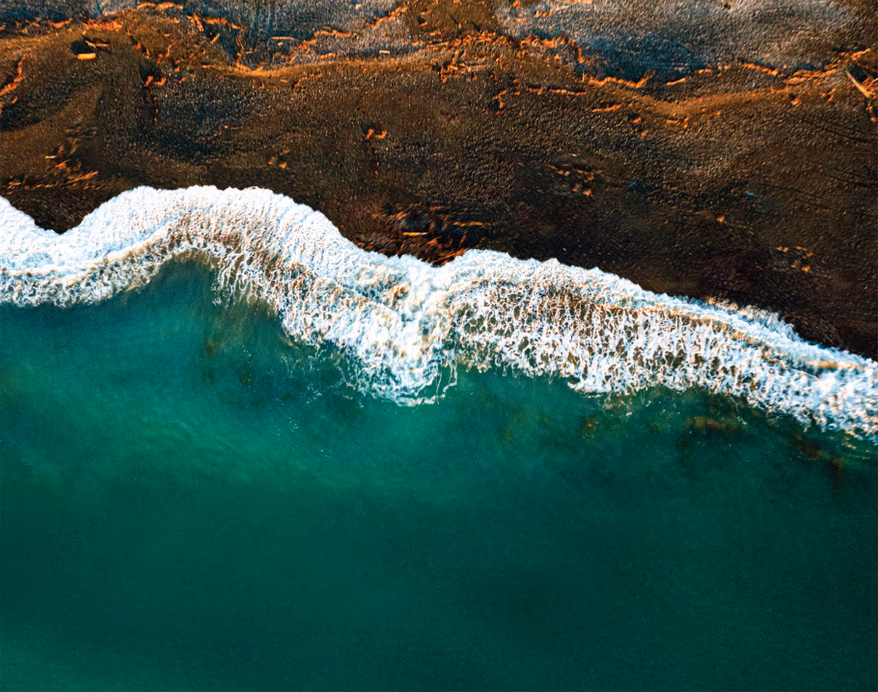 Aerial view of ocean waves crashing onto a dark sandy shoreline with foamy white surf.