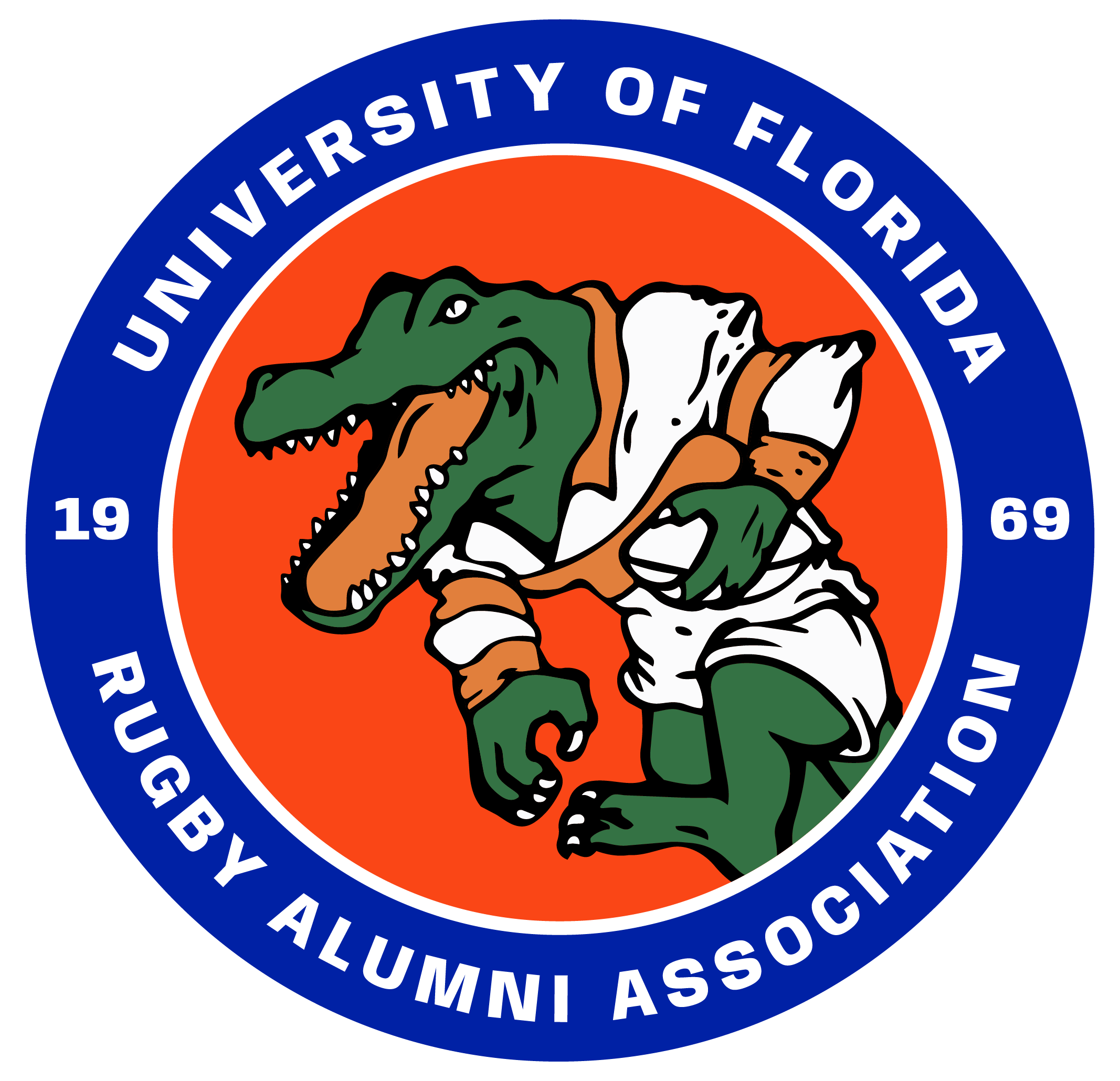 Logo with an alligator in rugby gear holding a ball, encircled by text University of Florida Rugby Alumni Association.