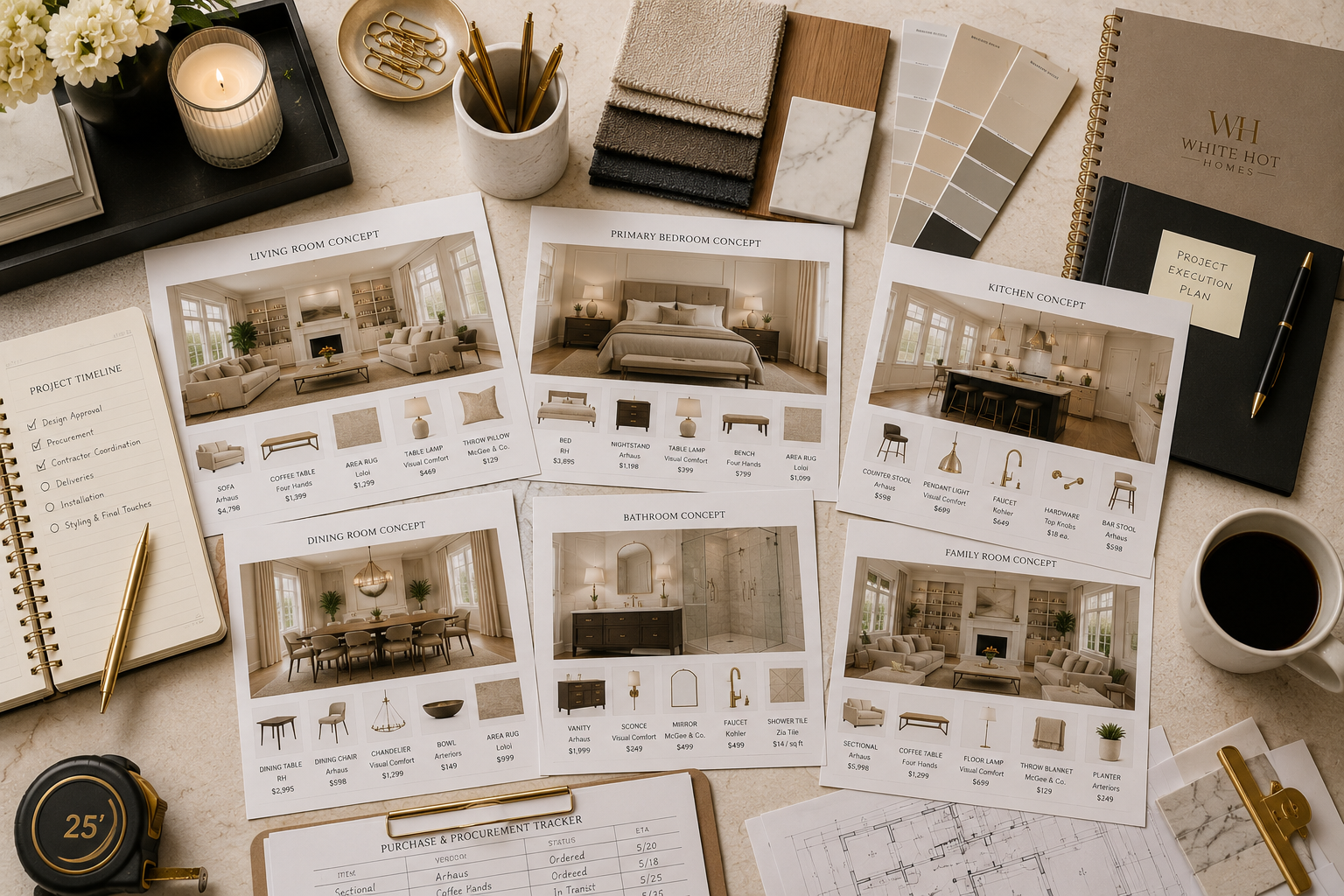 Interior design mood board with furniture and finish selections curated by White Hot Homes.