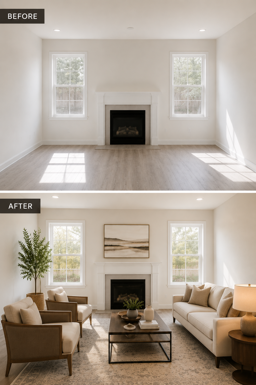 Before and after virtual staging transformation by White Hot Homes showing how an empty living room becomes a warm, professionally designed space.