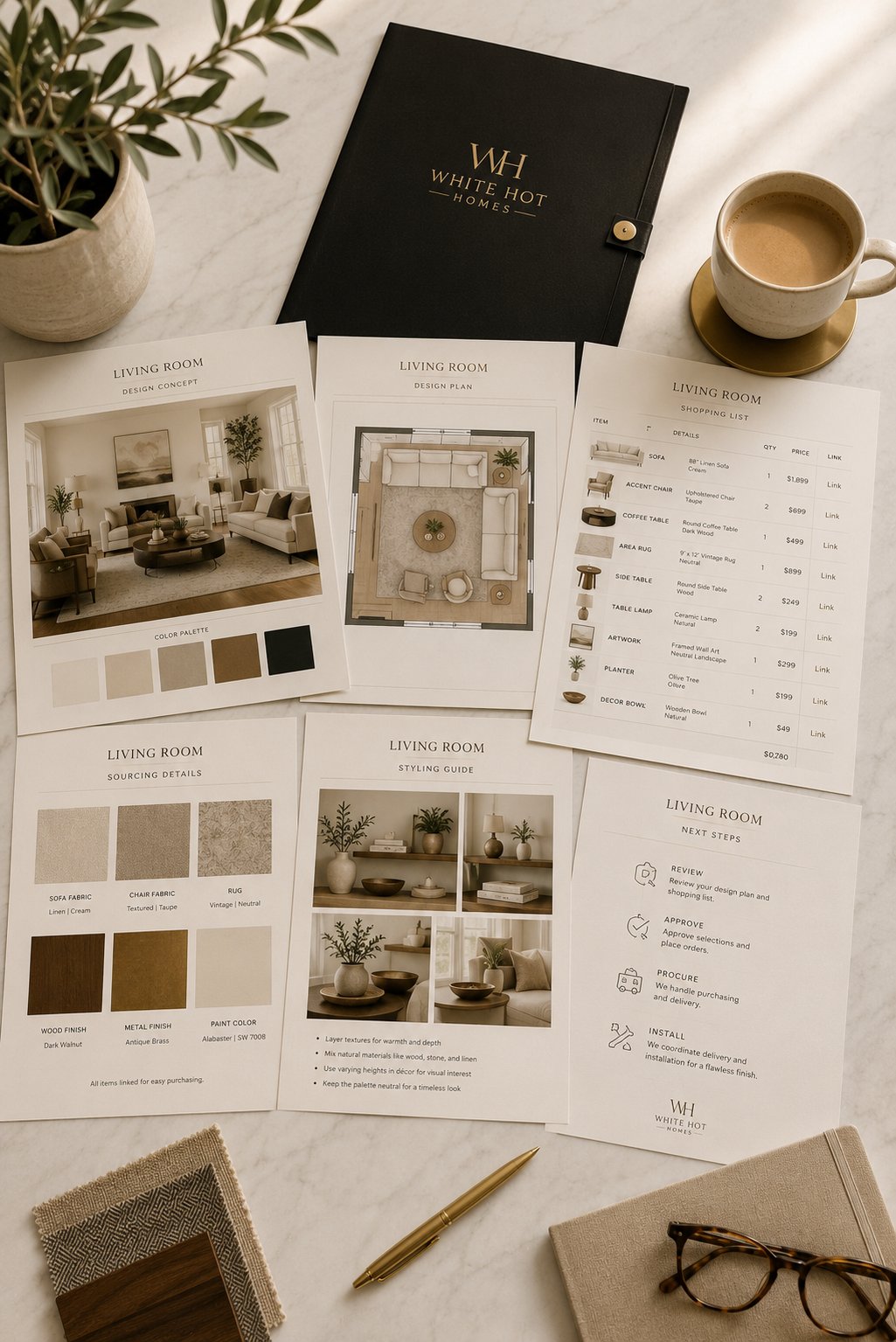 Interior design procurement package from White Hot Homes featuring furniture selections, floor plans, shopping guides, color palettes, and styling recommendations.
